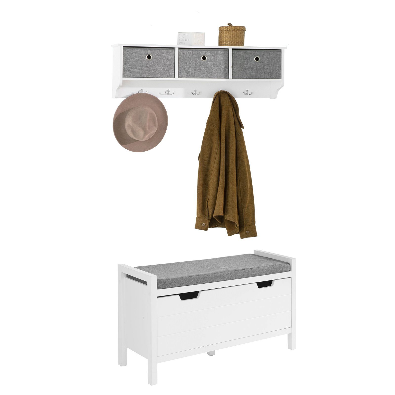 SoBuy Wandgarderobe FSR97-W+FRG282-W, Flurset Flurmöbel Schuhbank mit Sitzfläche Flurgarderobe