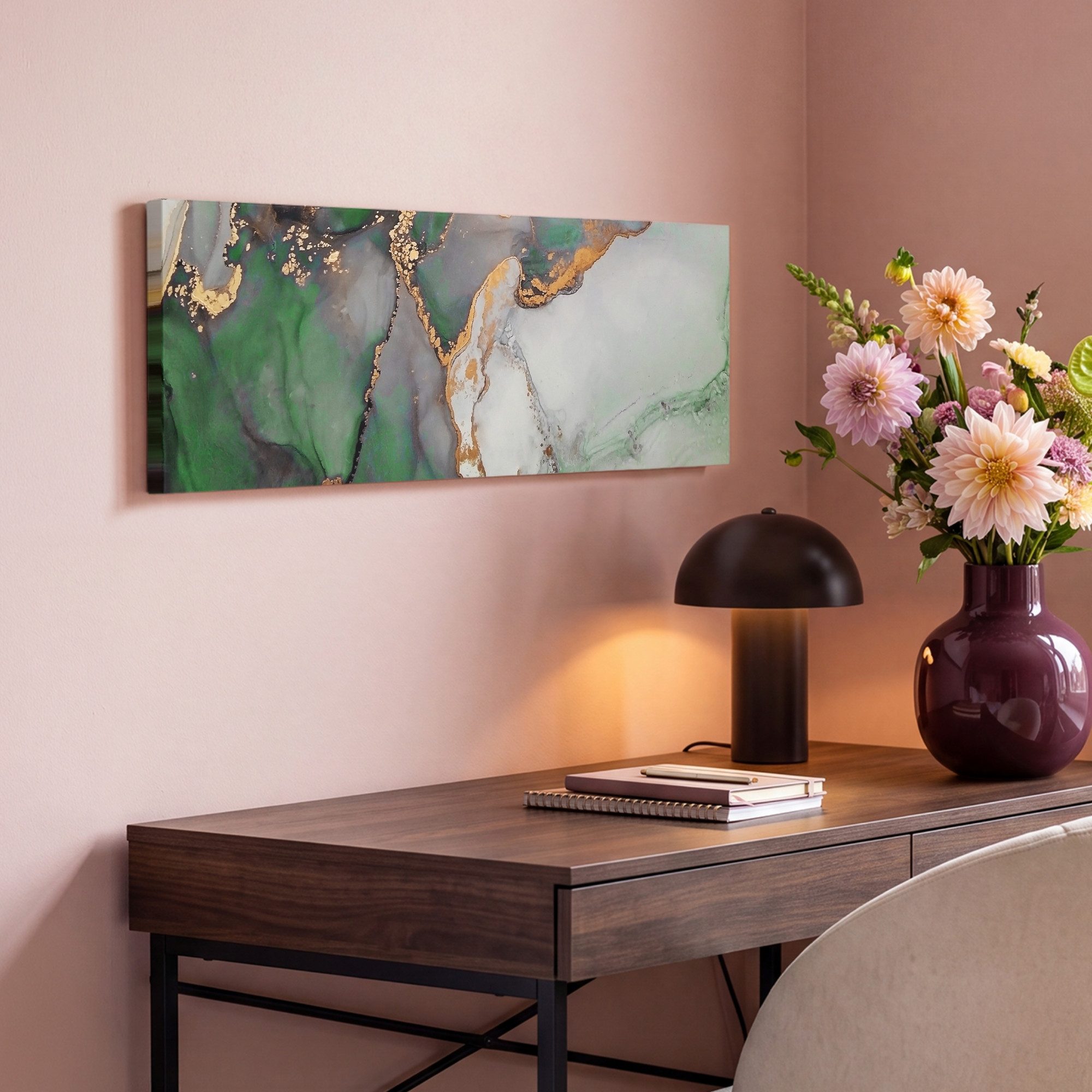 OneMillionCanvasses® Leinwandbild Panorama Marmor - Gold - Grün - Luxus, Fotodruck (1 St), Wandbild, Deko Schlafzimmer Wohnzimmer Flur 60x20 cm – Bild 4 von 5