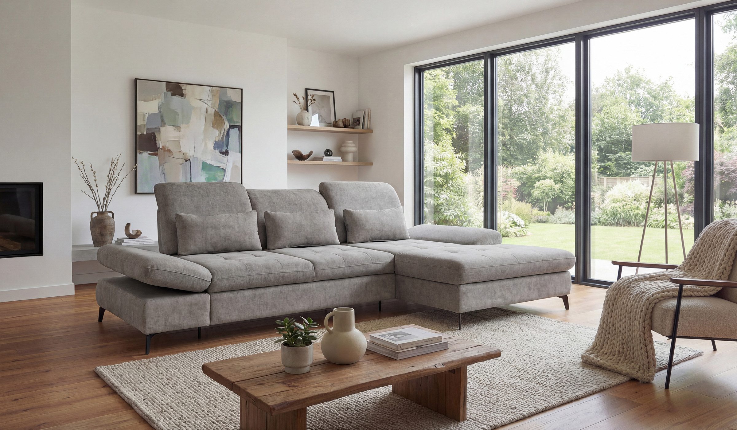 Hygger Möbelhaus Ecksofa Nola L-Form 300 x 170 cm. Wahlweise mit Bettfunktion und Bettkasten., Inkl. Sitztiefenverstellung, Kopfteilverstellung, Armteilverstellung, funktionales Design im minimalistischen Stil.