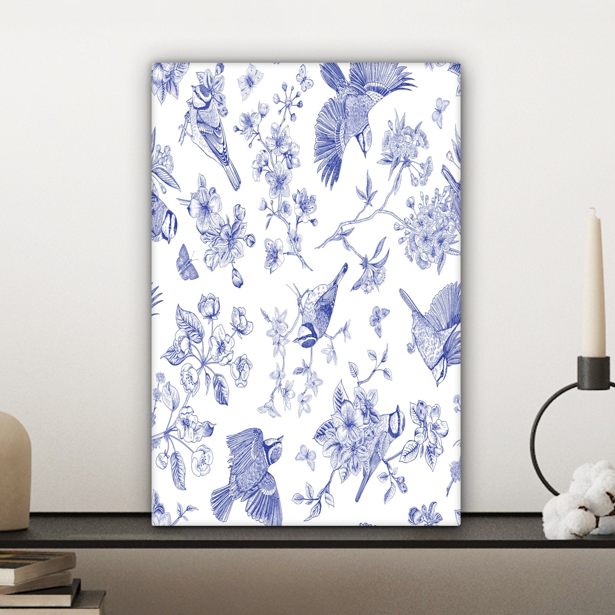 OneMillionCanvasses® Leinwandbild cm Vögel fertig - inkl. Blau, - Zackenaufhänger, St), Leinwandbild Blumen bespannt (1 Gemälde, 20x30