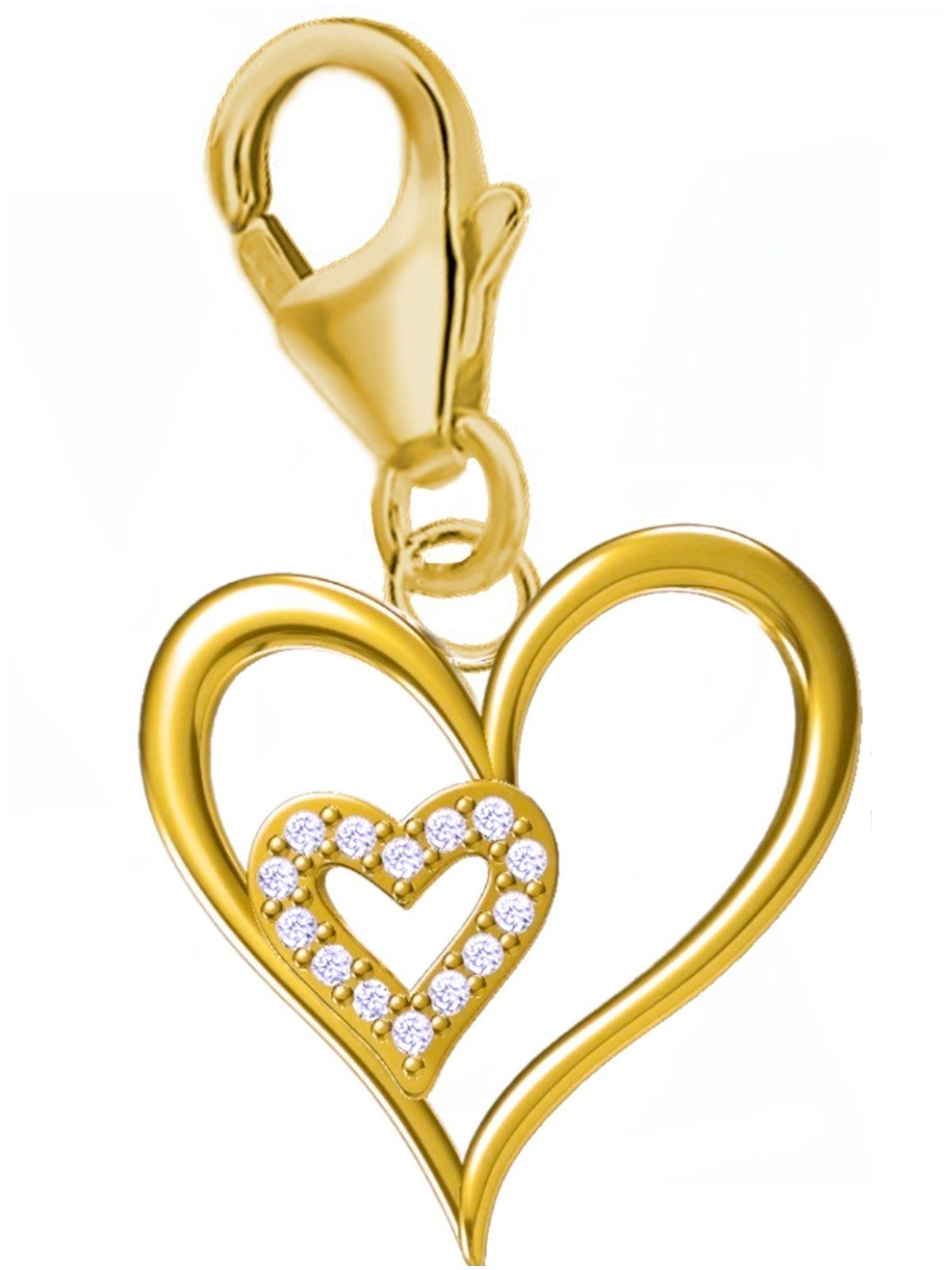 Goldene Hufeisen Charm Herz Zirkonia Herz Charm 925 Sterling-Silber Anhänger für Armband, 24K Gelbgold vergoldet