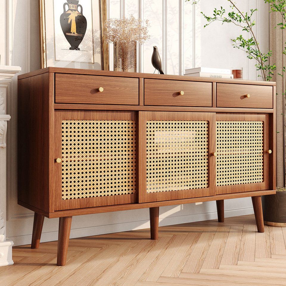 Celya Rattan Sideboard Kommode - 3 Schubladen & Türen Walnuss