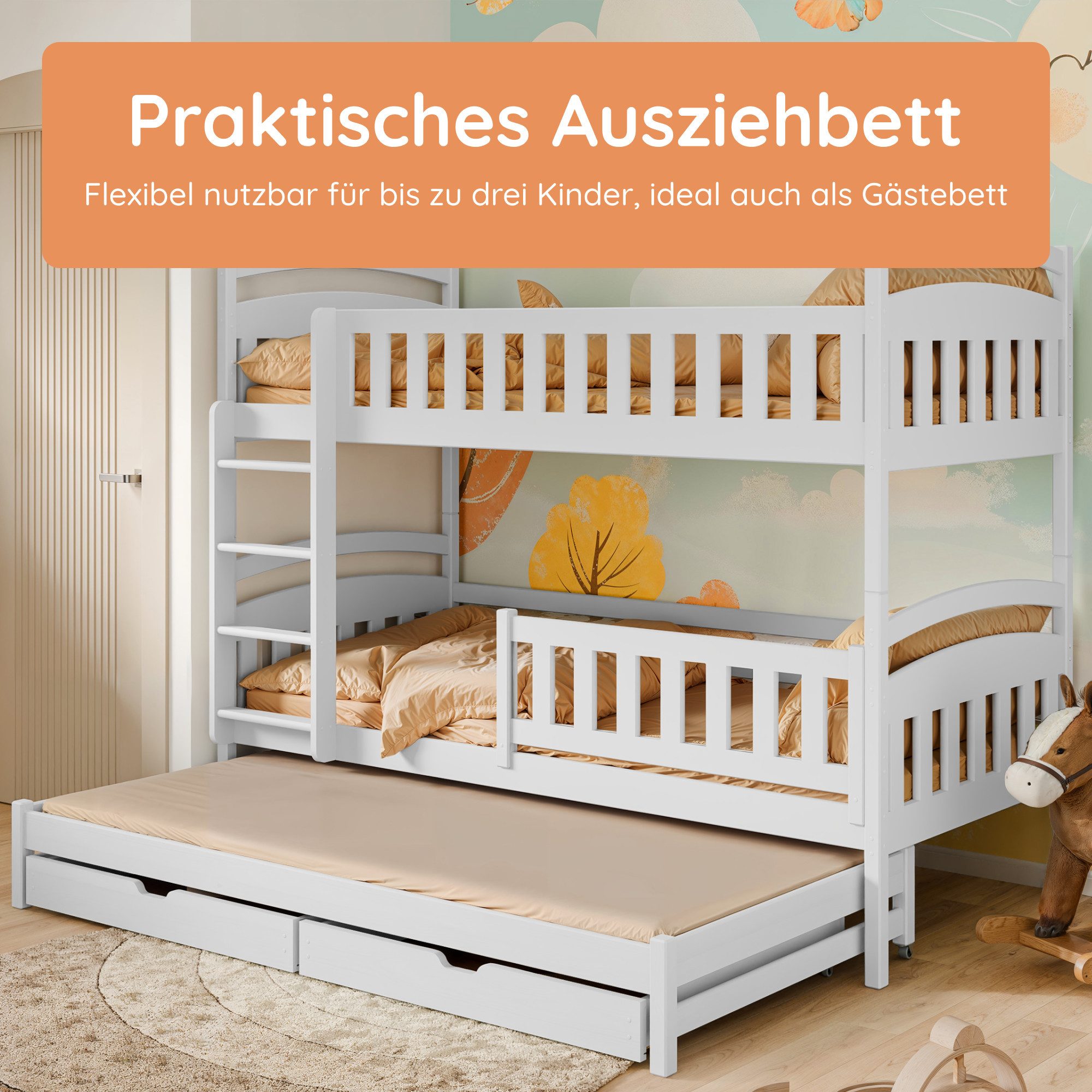 Kids Collective Etagenbett Hochbett Stockbett Kinderbett 90x200 cm mit Ausziehbett und Schubladen (Modell 2025), Umbaubar zu 3 Einzelbetten mit Lattenrosten & Rausfallschutz, Kaschmir
