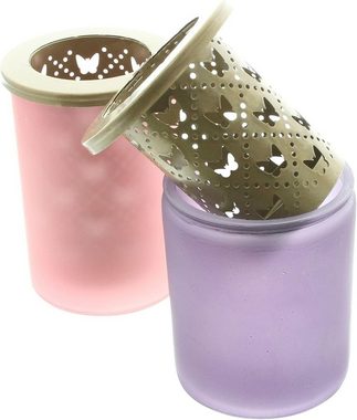 Dekoleidenschaft Teelichthalter "Schmetterling" aus Glas Violett & Rosa, 12 + 14 cm hoch, Teelichtglas (2 St., im Set), Kerzengläser, Windlichtglas, Teelichterhalter, Kerzenhalter