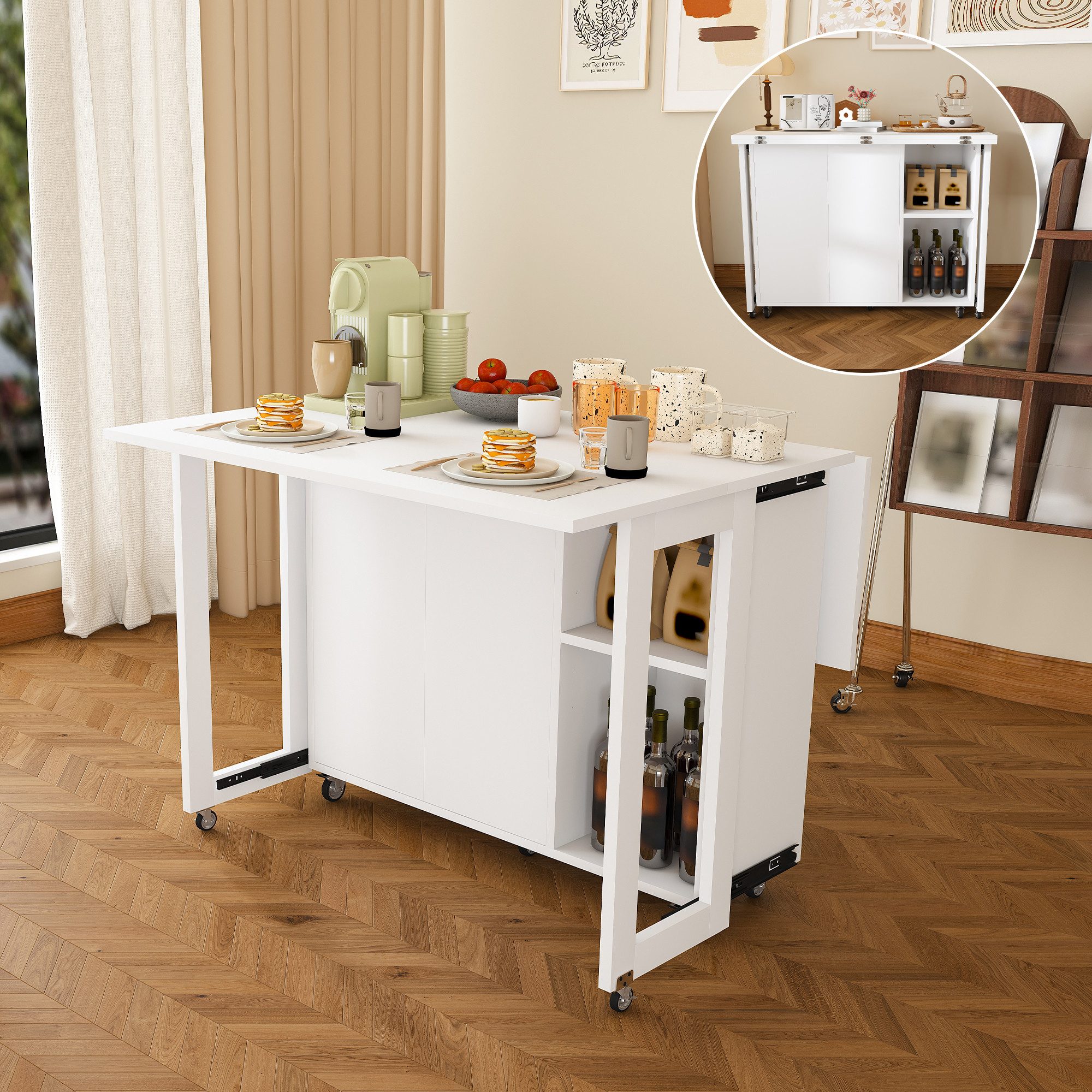 i@home Kücheninsel Küchenwagen mit Rollen und Arbeitsplatte Faltbarer 3-in-1 Klapptisch, 360° Lenkrollen arretierbar, Stauraum für kleine Küchen & Wohnungen