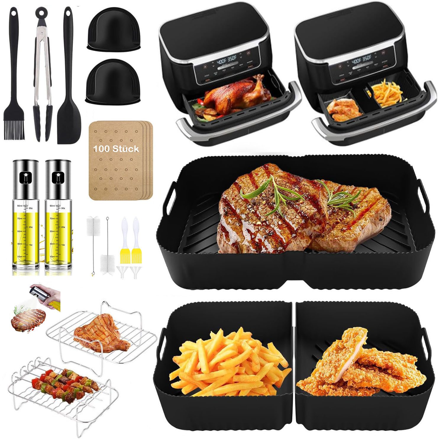 Refined Living Backform Airfryer Zubehör,Heißluftfritteuse Zubehör Set,Silikonformen,BPA-frei, (Airfryer Zubehör für AF500EU, Airfryer Set mit Ölsprüher, Heißluftfritteuse Zubehör Set 23-teilig, 100 Blatt Fettfreies BackpapierEdelstahl Rack, Spieße, 2x Ölsprüher Glas Edelstahl 100ml, mit Trichter & Pinsel, Fritteusen Set, Dual-Zone Heißluftfritteuse Zubehör,Olivenöl Sprühgerät, Öl Zerstäuber, Heißluftfritteusen Grillzubehör, Ideal für Pommes, Hähnchen und mehr,Familien und Partys, Langlebig, Vielseitigkeit, Gesund kochen, Keine Fette, keine Öle 23-tlg), für Dual Air Fryer 10,4L AF500EU, AF500EUCP