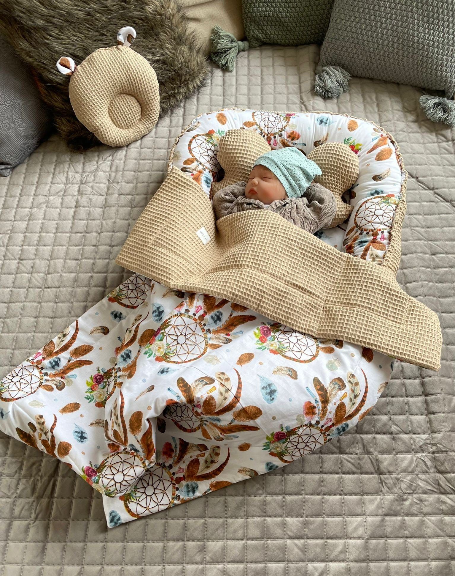 Bettnestchen Traumfänger BOHO/Waffelpique TAUPE Babynest Babyaustattung Neugeborene