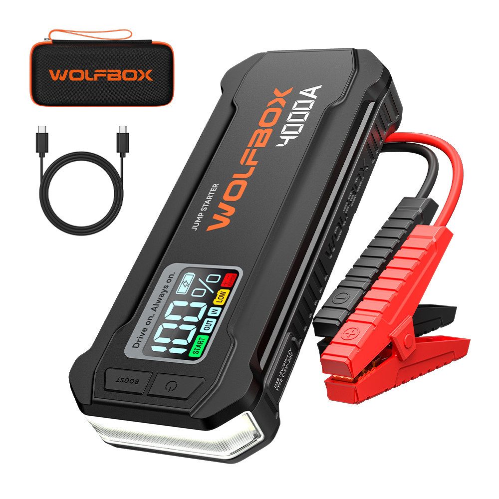 WOLFBOX 2000/4000 A Starthilfe, 12 V Auto Starthilfe mit LED Taschenlampe Starthilfegerät (12 V, 1 St), mit hochauflösendem LCD-Bildschirm