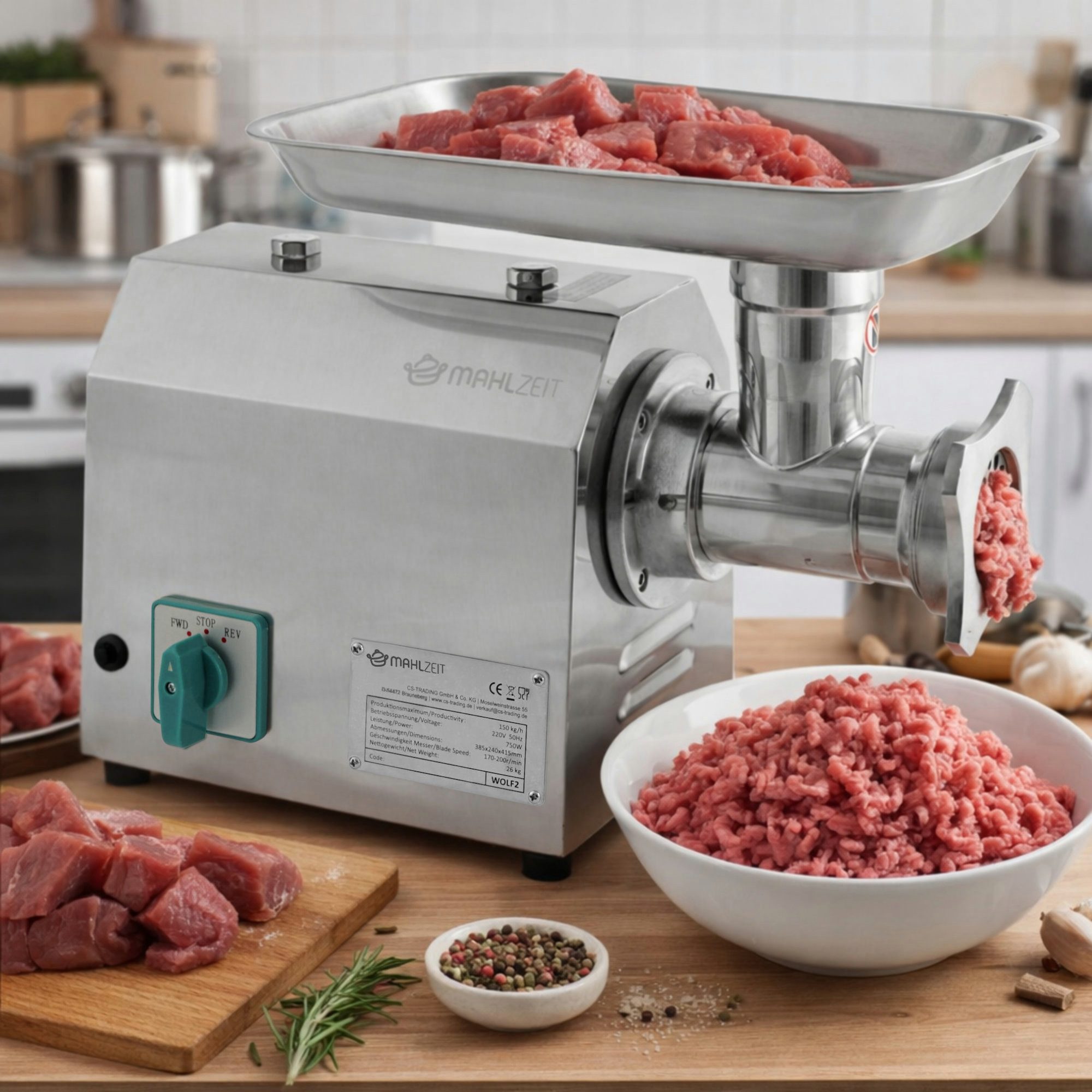 Mahlzeit Fleischwolf Profi Edelstahl Fleischwolf elektrisch, 750W - 150kg/h, Wurstfüller, 750 W