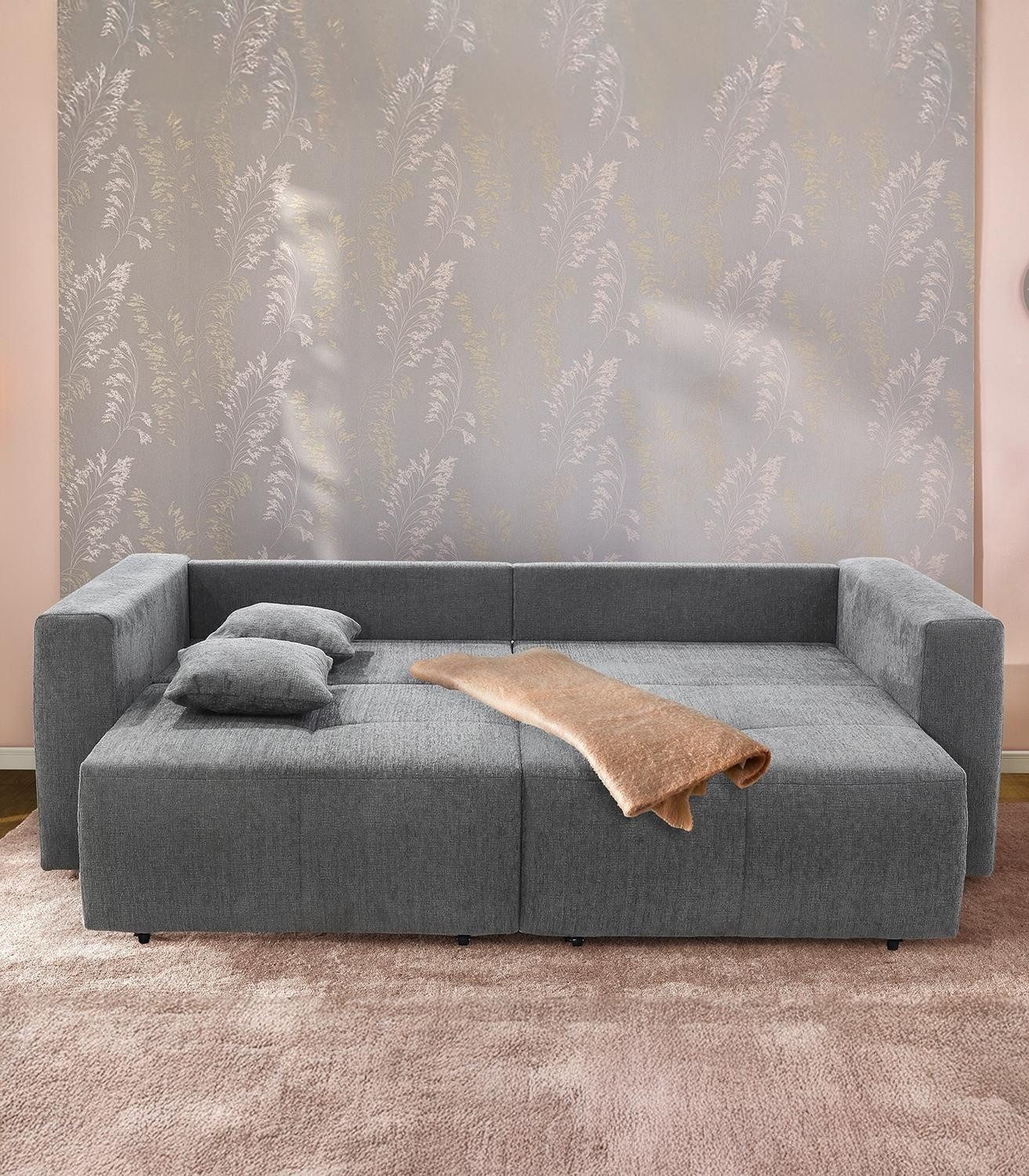 Jockenhöfer Gruppe Big-Sofa RELAX, Grau, Chenille, 2 Bettkästen, Bettfunktion, mit Kissen, B 243 x H 84 x T 115 cm
