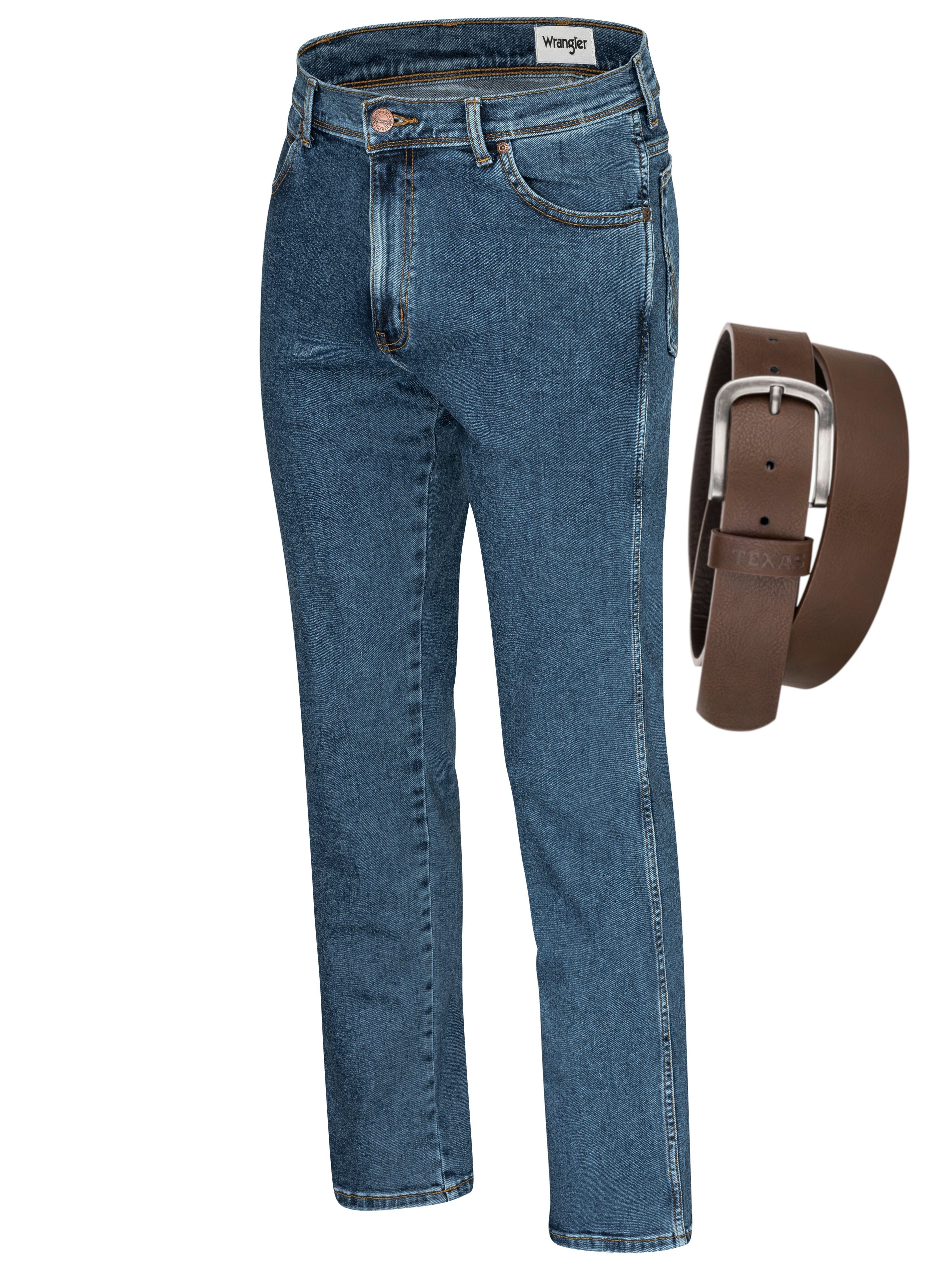 Wrangler Straight-Jeans Texas Authentic Straight Herrenjeans Jeans Stretch mit Gürtel Stonewash + brauner Gürtel