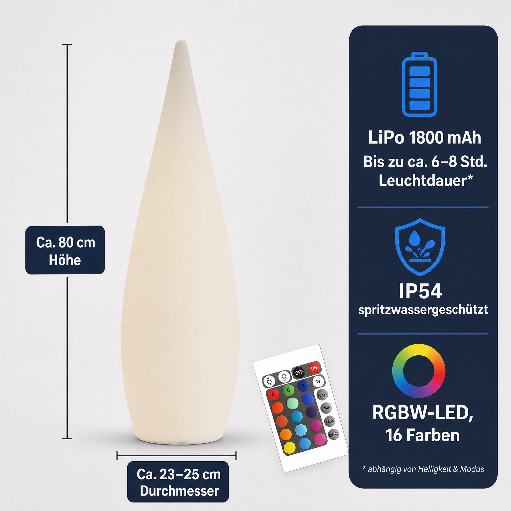 @tec LED Stehlampe kabellos 80 cm Bodenleuchte mit Farbwechsel, Akku, 16 Farben, Farbwechsel, spritzwassergeschützt