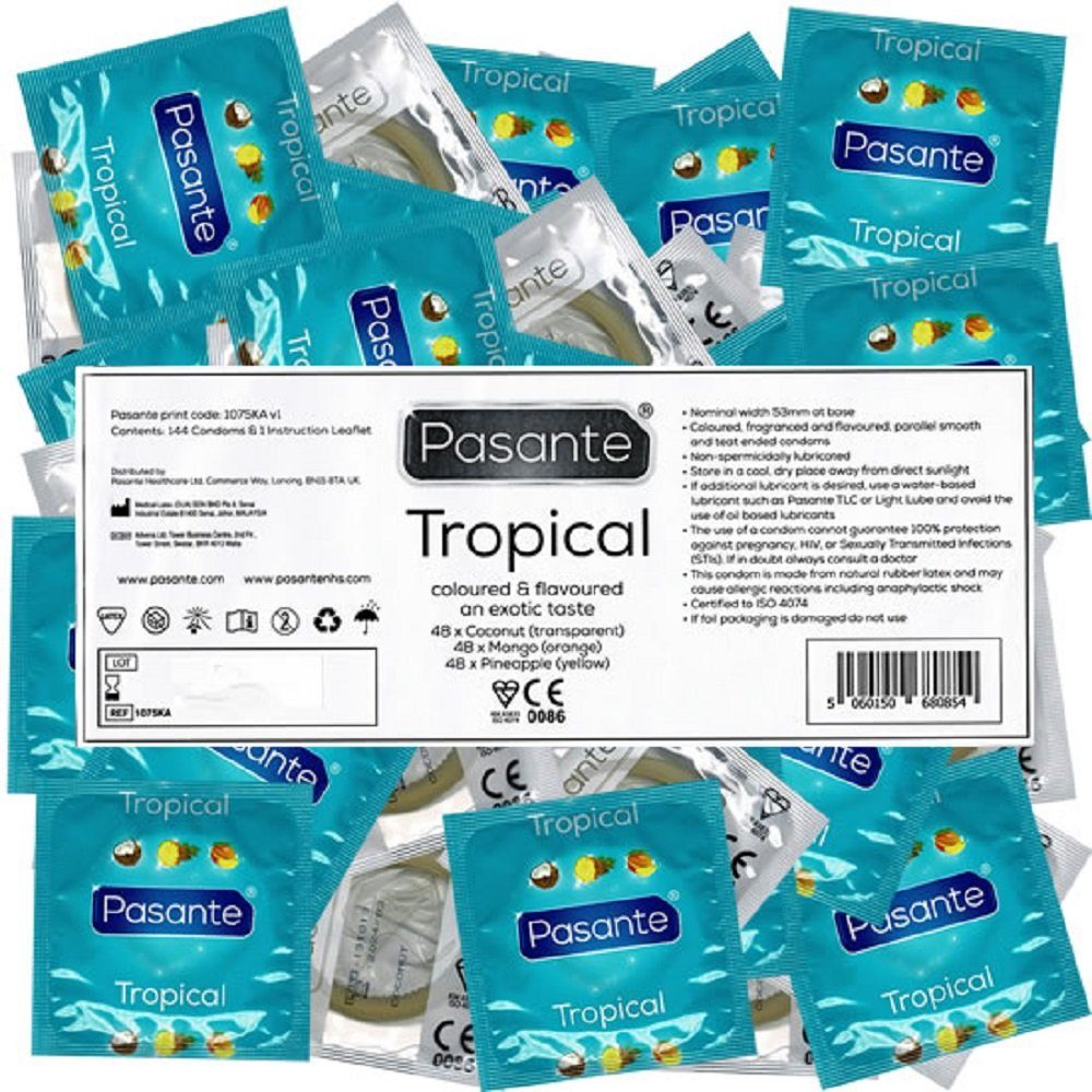 Pasante Kondome Pasante Vorratspackung, fruchtige Kondome mit Aroma Sorte: Tropical Flavours, 144 St., Kondome mit tropischem Geschmack (Kokosnuss, Mango, Ananas), Kondome für Oralverkehr
