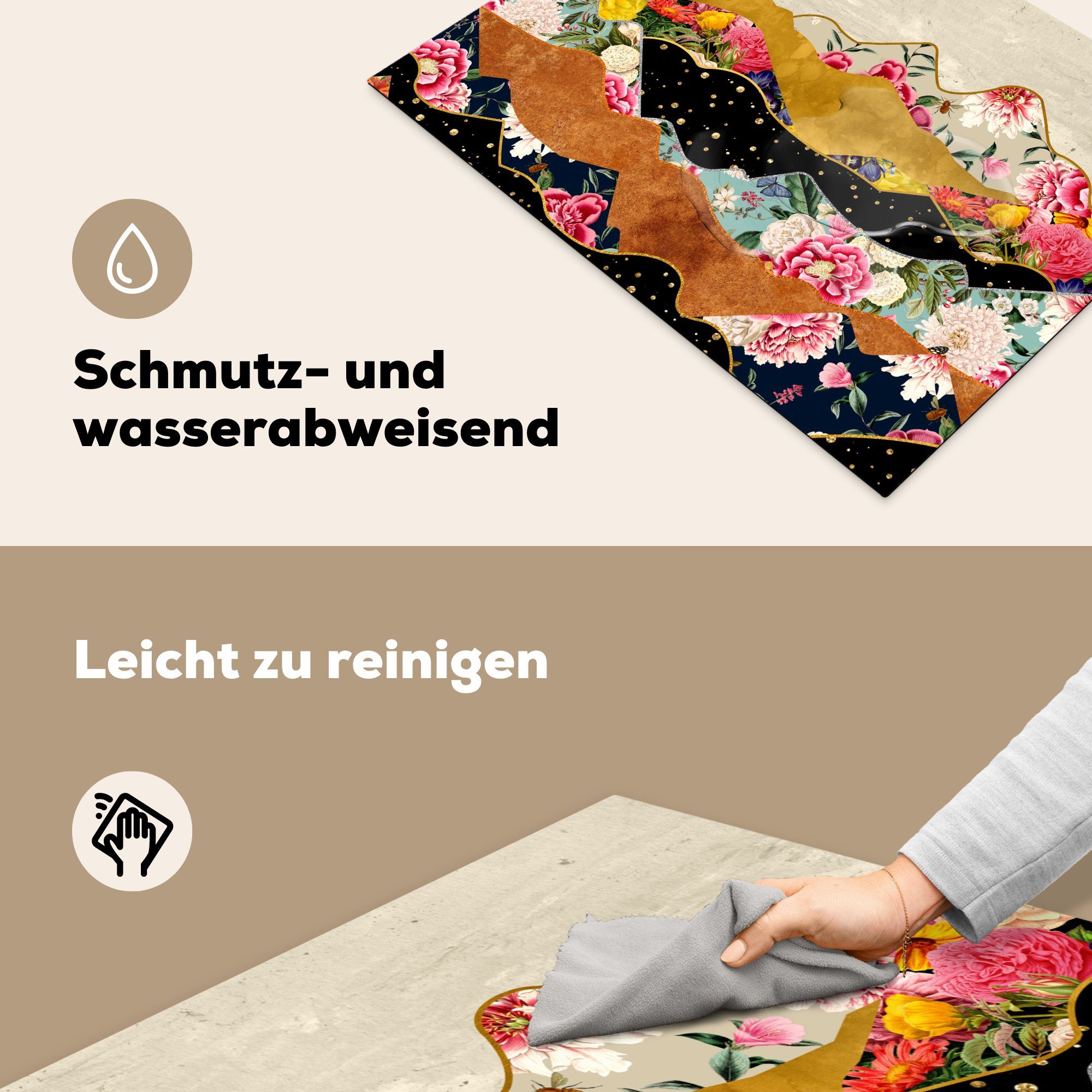 die Muster, Abstrakt Landschaft - Vinyl, - küche, Induktionskochfeld - Druck Ceranfeldabdeckung Schutz cm, MuchoWow - für tlg), Blumen (1 Herdblende-/Abdeckplatte 71x52 Gold -