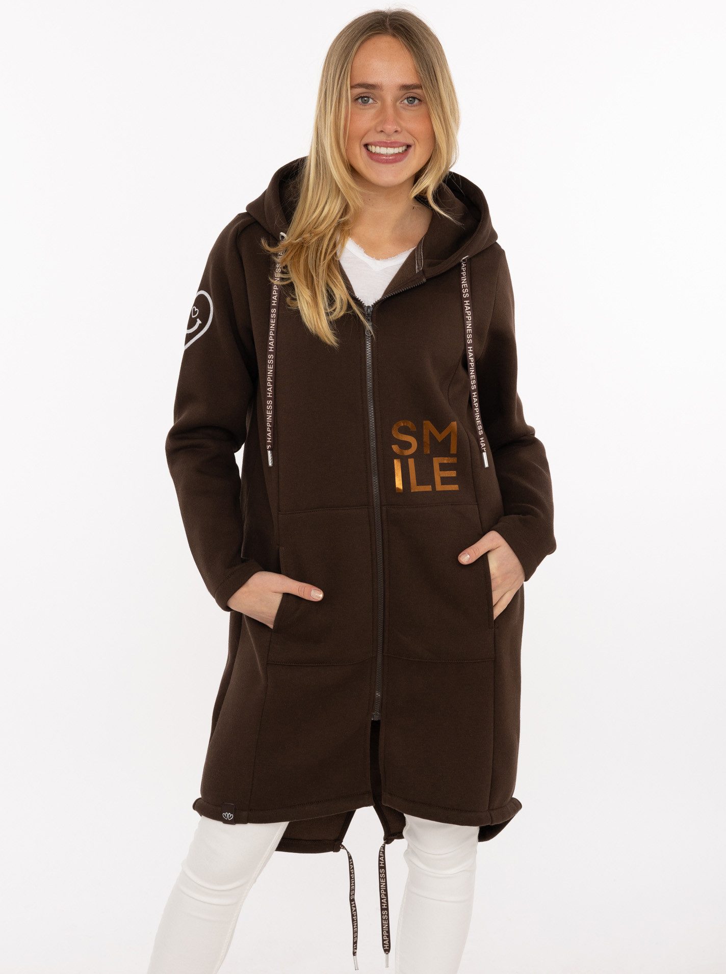 Zwillingsherz Kurzmantel "Alissa Shiny" Kapuze, Reißverschluss, glänzender Print, bedrucktes Band