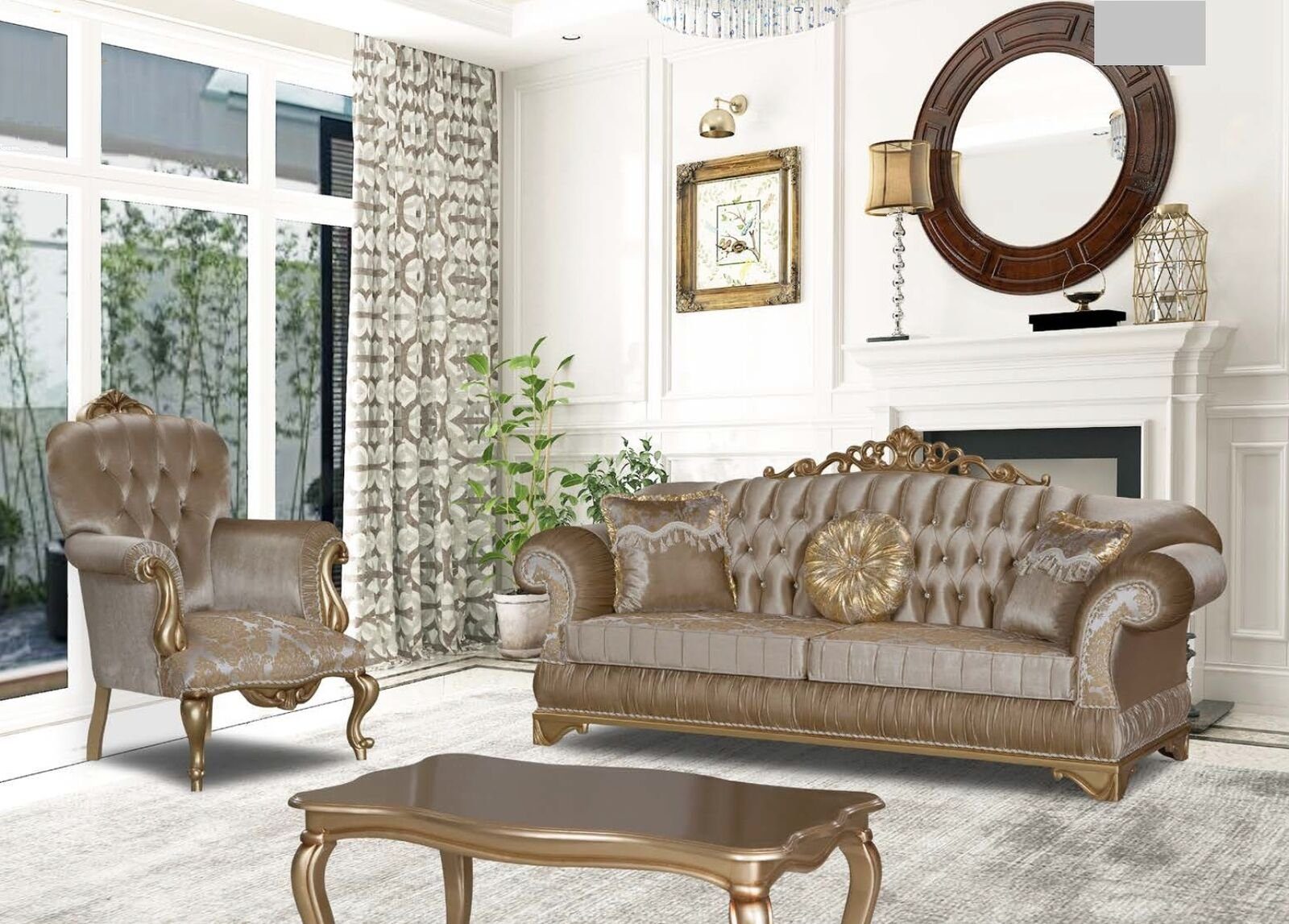 JVmoebel Wohnzimmer-Set Design Chesterfield 3+1 Sitz Couchtisch Textil Sessel Polster Sofa, (3-St., 1x 3-Sitzer + 1x Sessel + 1x Couchtisch), Made in Europa