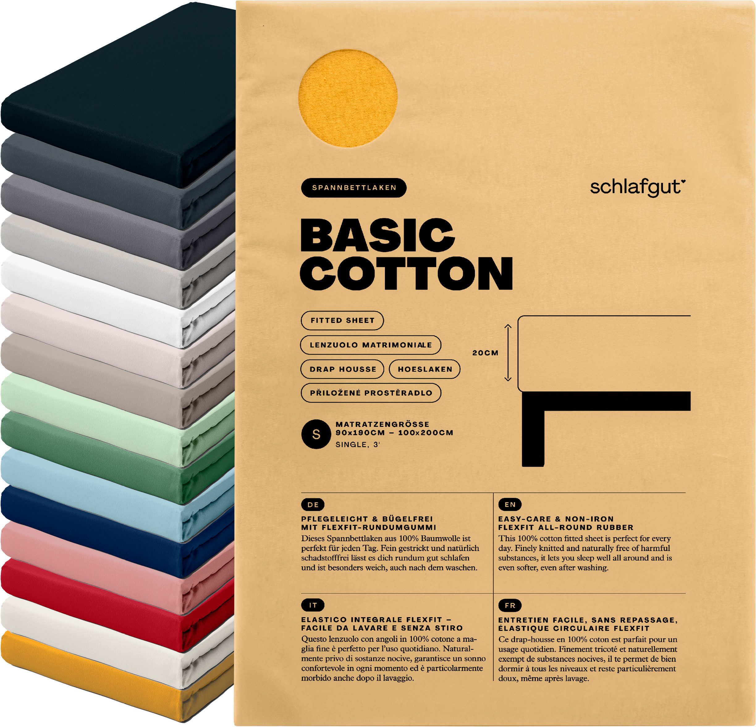 Schlafgut Spannbettlaken Basic Cotton Bettlaken, 160 g/m², 100% Baumwolle, Spannbetttuch, Jersey, Gummizug: rundum, (1 Stück), Spannbettlaken bis 20 cm Matratzenhöhe, bügelfrei und pflegeleicht