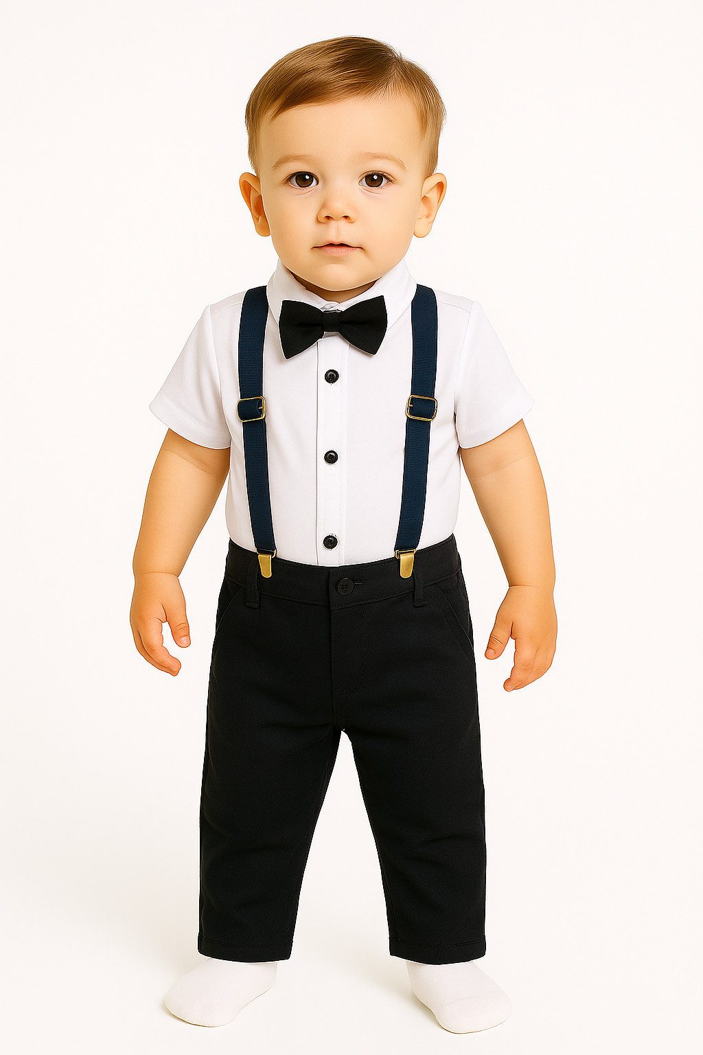 Anzug 4-teilig Jungen Outfit, Kleinkind Set: Body + Hose + Fliege + Hosenträger