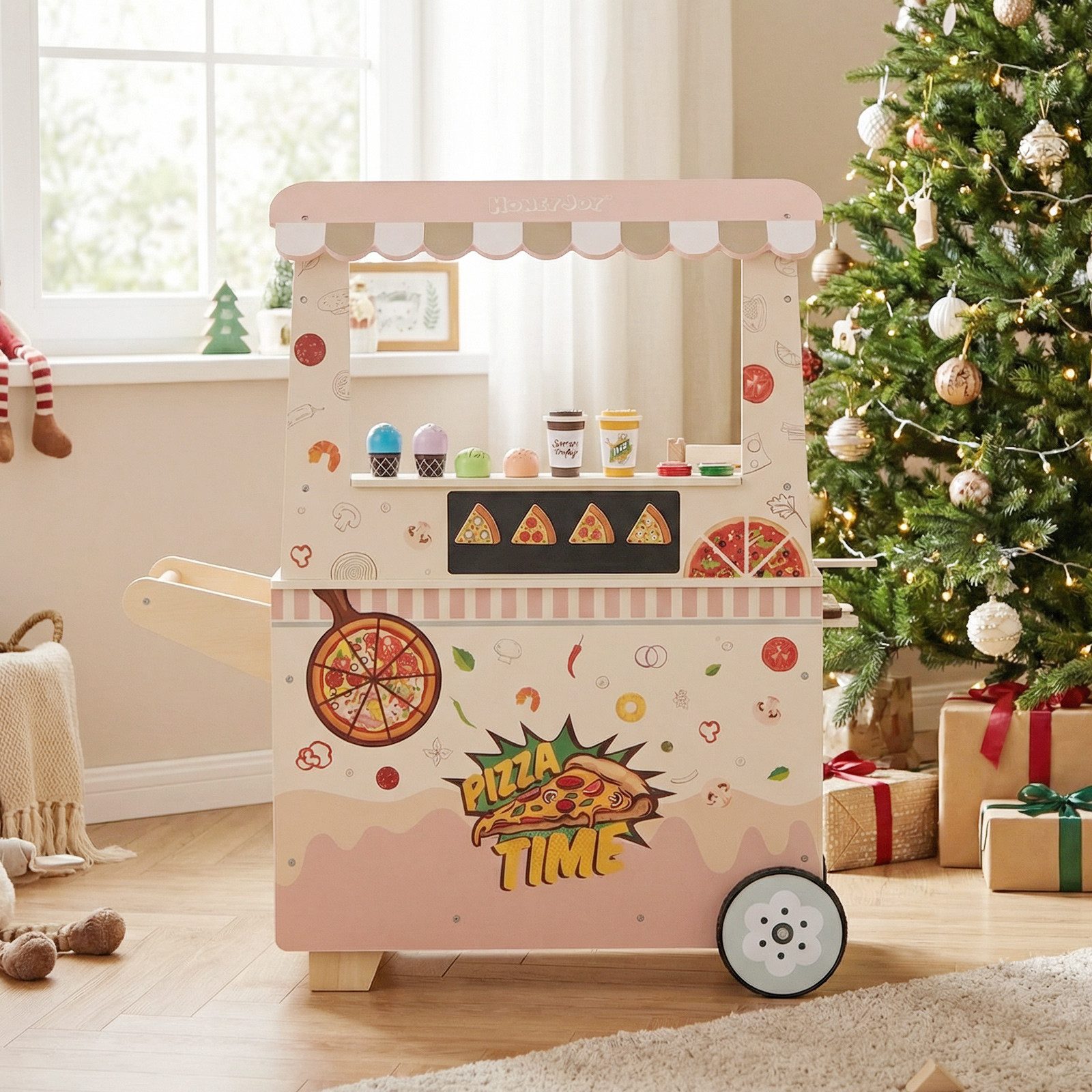 COSTWAY Kaufladen, Kinder Pizza Food Truck mit Eiscreme & Kassenapparat