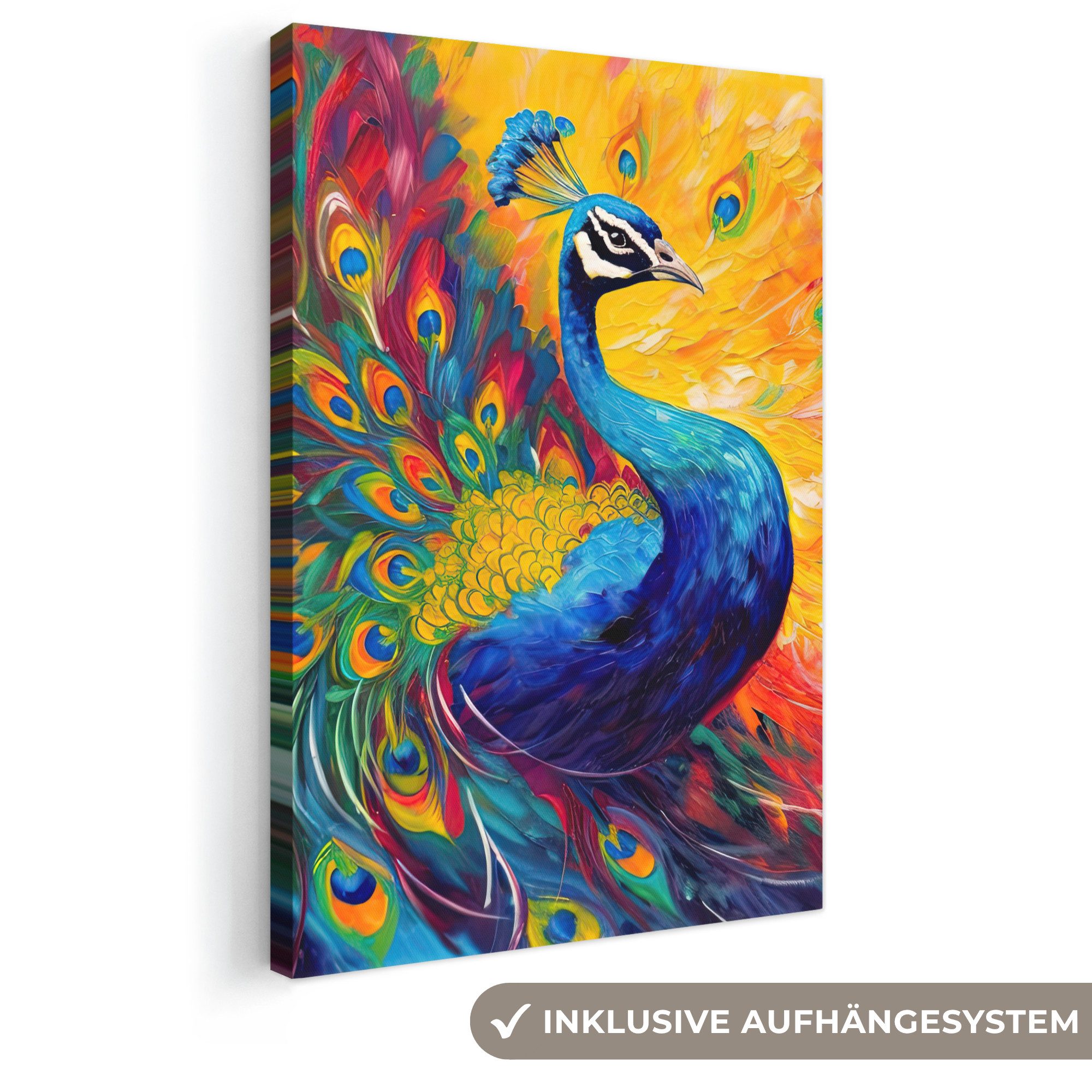 OneMillionCanvasses® Leinwandbild Pfau - Kunst - Malerei - Pfauenfedern, Fotodruck (1 St), Leinwand Canvas Wandbild, Wanddekoration 20x30 cm