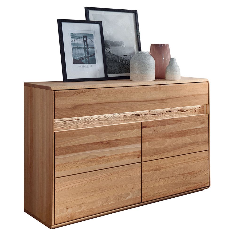 Lomadox Sideboard WELLAND-69, 123 cm breit, Kernbuche massiv geölt mit LED-Beleuchtung
