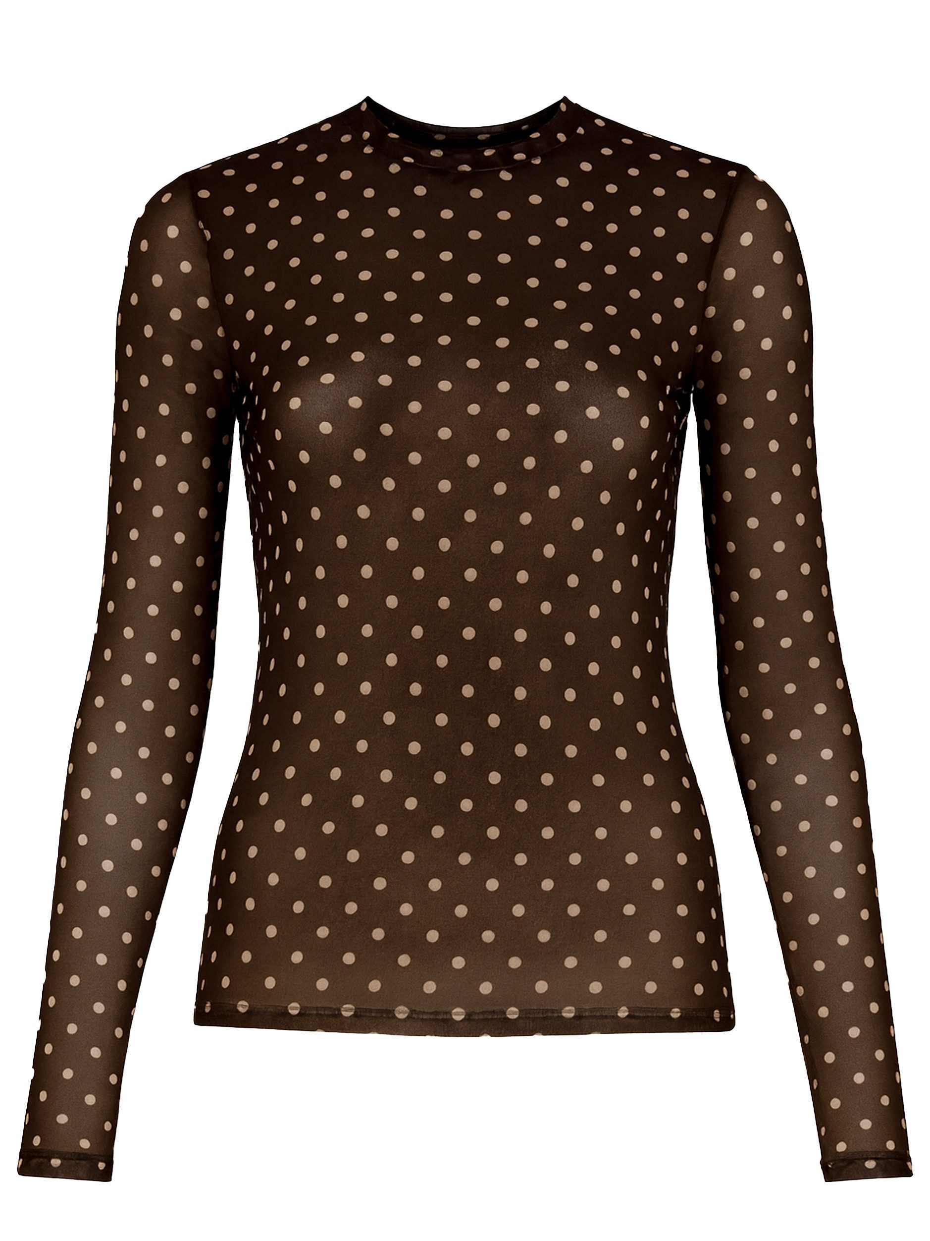SASSYCLASSY Langarmshirt Mesh Langarmshirt mit Punkten für Damen Anliegendes Shirt aus Mesh mit gefütterter Vorderseite Beige Schwarz