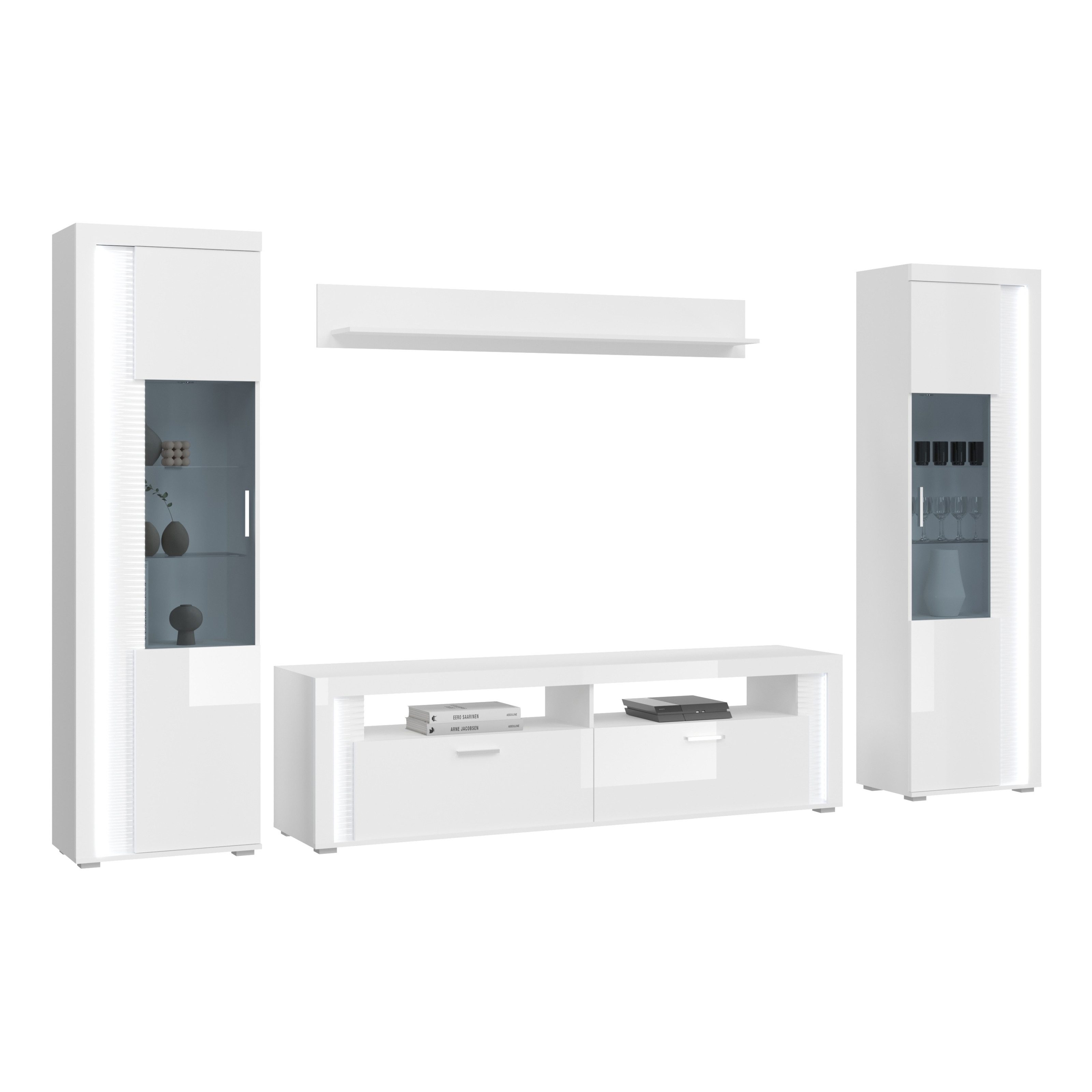 furnling Wohnzimmer-Set Stanley, (4-St., Lowboard, 2 Vitrinen, Wandboard), Breite 351 cm, Hochglanz Front, Frontbeleuchtung, Wohnzimmermöbel