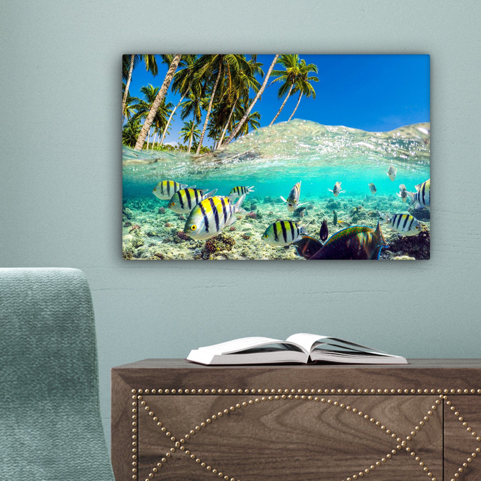Farben, - Leinwandbild Fische Strand Aufhängefertig, - cm Wanddeko, 30x20 St), Wandbild Leinwandbilder, OneMillionCanvasses® (1