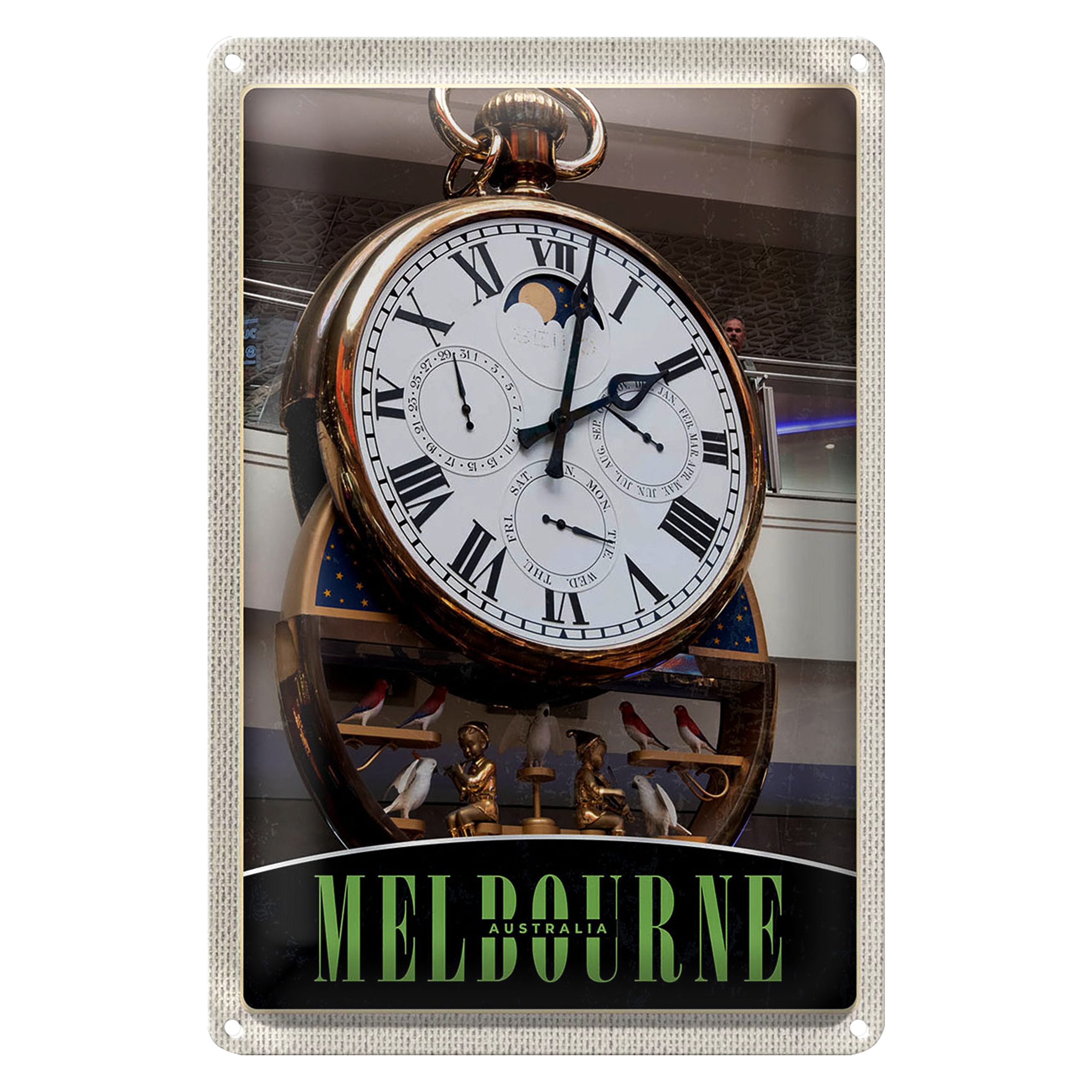 Roomando Metallschild Reise 12x18cm Melbourne Australien Uhr Vögel