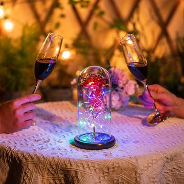 Kunstblumenstrauß Rose in Glaskuppel, LED-Leuchten, Kristallrose,Konservierte Blumen Rosen, Brücke, Blumengeschenk für Jahrestag, Valentinstag, Hochzeit, Frauen