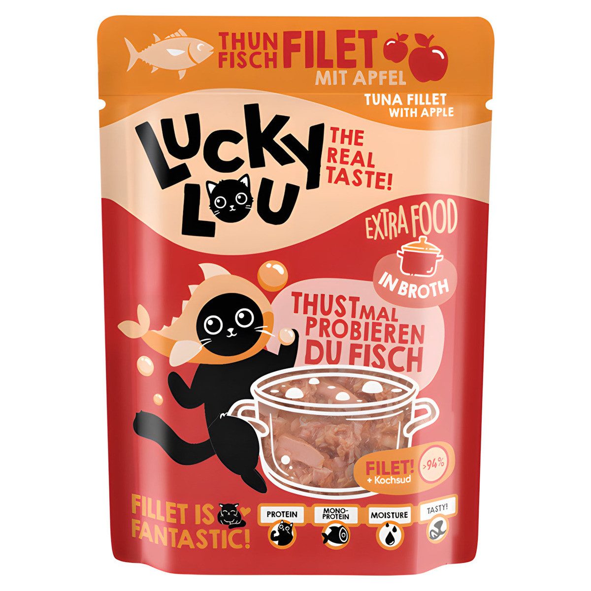 Lucky Lou Extra Food Thunfisch mit Apfel in Sud 70 g, Nassfutter für: Katze