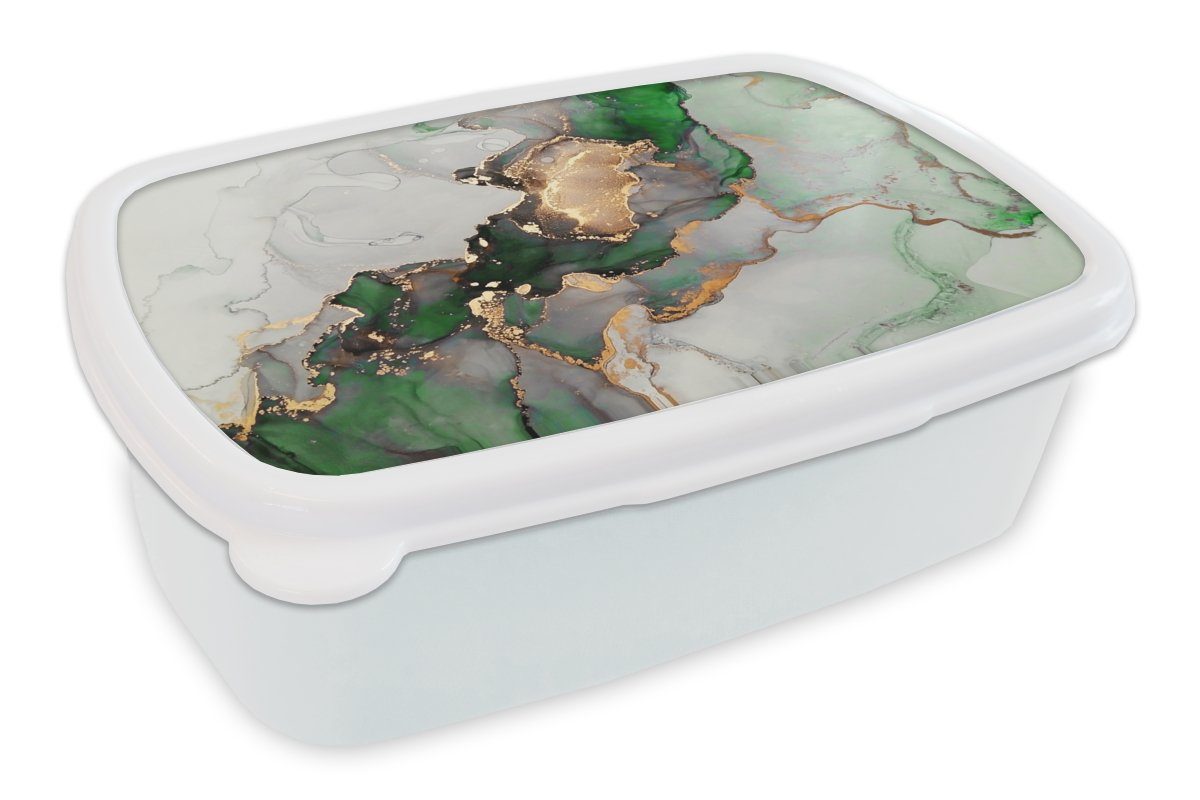 MuchoWow Lunchbox Marmor - Gold - Grün - Luxus, Kunststoff, (2-tlg), Brotbox für Kinder und Erwachsene, Brotdose, für Jungs und Mädchen weiß | Lunchboxen