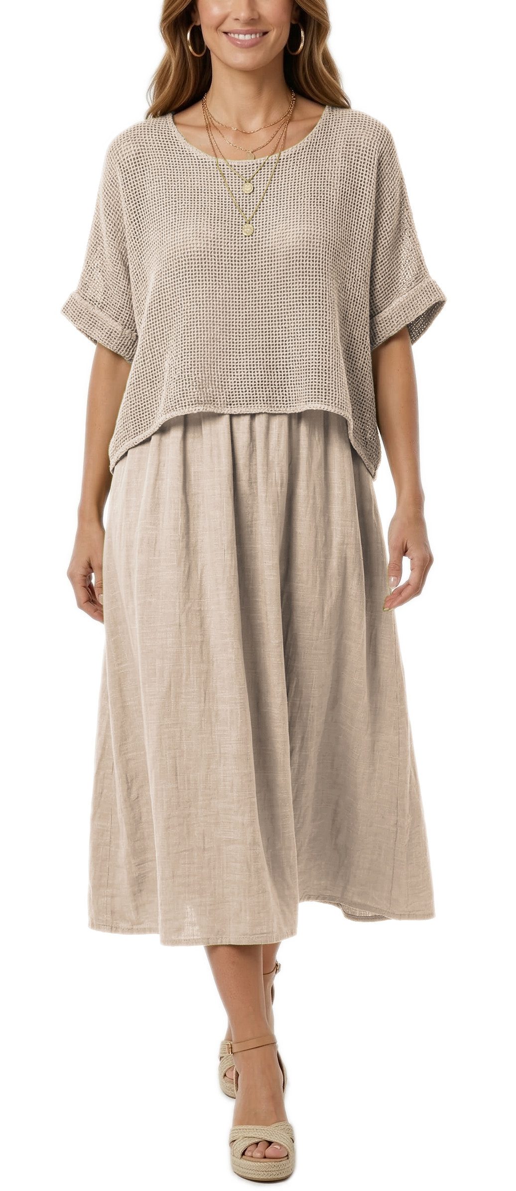 dy_mode Sommerkleid Damen Sommerkleid Midikleid in Zweiteiler-Optik Lagenlook Kleid in Unifarben, Zweiteiler-Optik