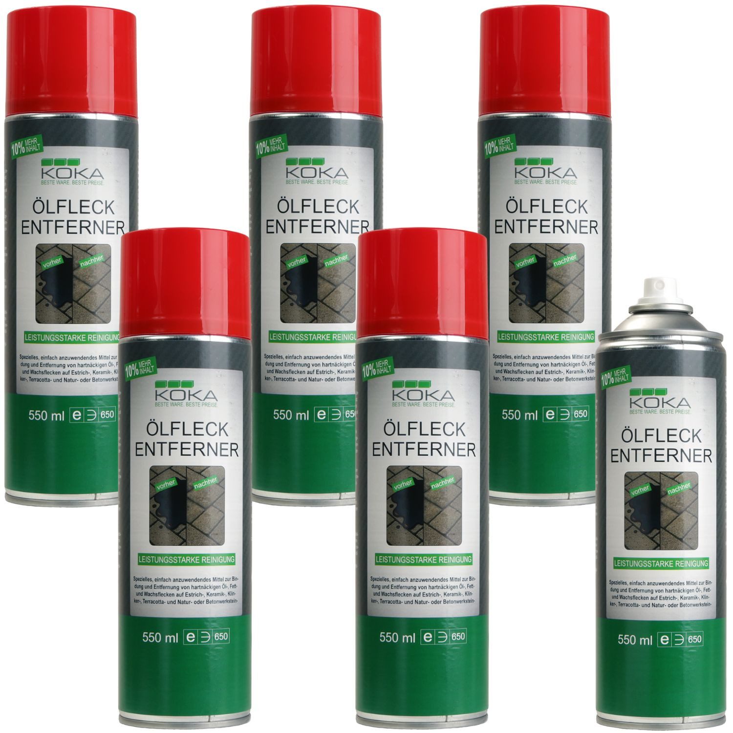 KOKA 6x Ölfleck-Entferner 3,3 L Spray Öl Fleckentferner Steinbodenreiniger (Set, [- 6x Spraydose Bindemittel Ölfleckentferner Öl Ex Pflaster Fliesen Beton Naturstein)