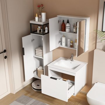 Merax Badmöbel-Set, (Komplett-Set, 3-St., Waschtisch inkl. Waschbecken, Spiegelschrank, Hochschrank), Badzimmermöbel, Badmöbel Weiß