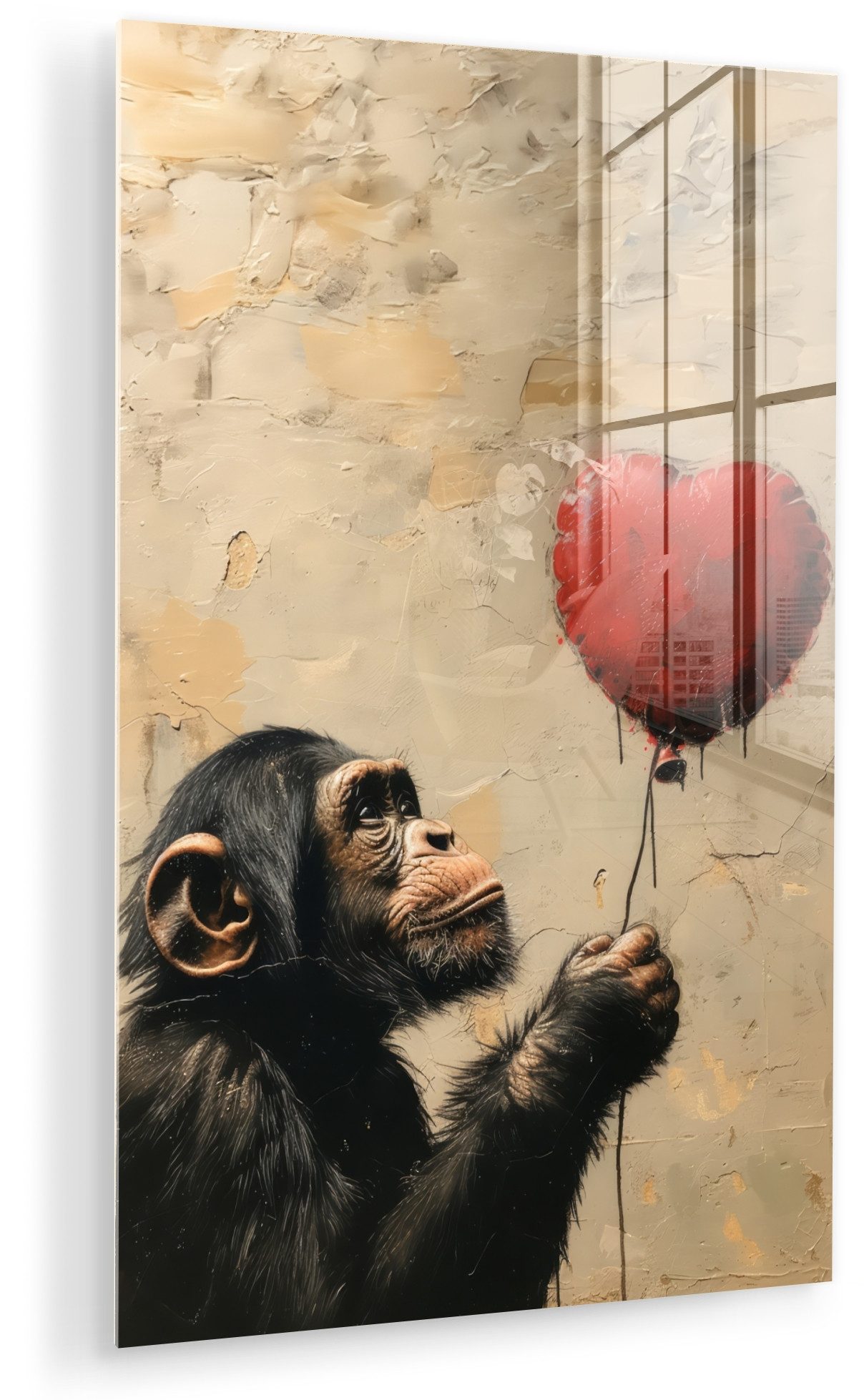 MuchoWow Acrylglasbild Straßenkunst - Schimpanse - Luftballon - Graffiti - Banksy-Stil, Inkl. Aufhängung, Dekorative Bild für Küche & Wohnzimmer auf Glas, 20x30 cm