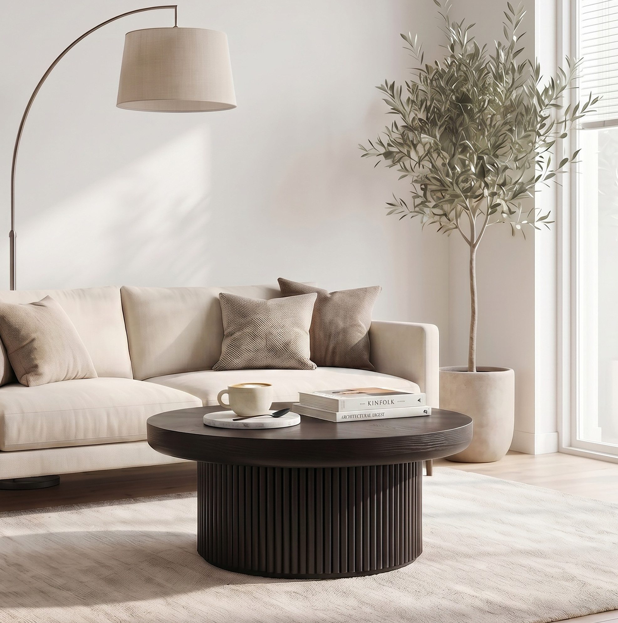 OKWISH Couchtisch Runder Tisch, 78 cm, Schwarz, Tischplatte in Holzoptik (Packung, 1-St., Moderner Beistelltisch im Mid-Century Stil für kleine Räume), Wohnzimmertisch mit Parquet Muster, Rillenstruktur & Säulenfuß