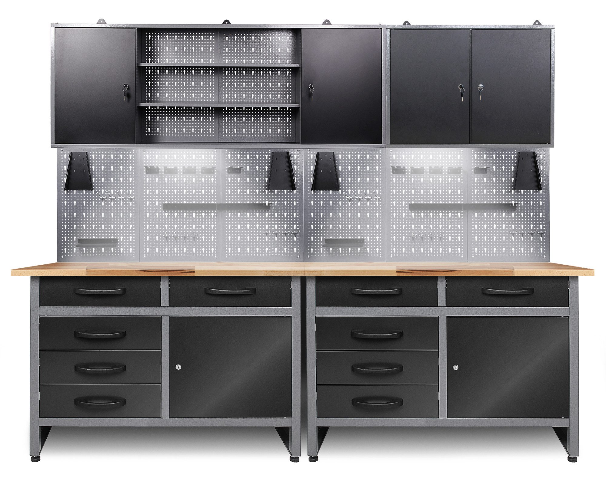 ONDIS24 Werkstatt-Set Werkstatt Set 240 cm Werkbank Metall Werkzeugschrank LED