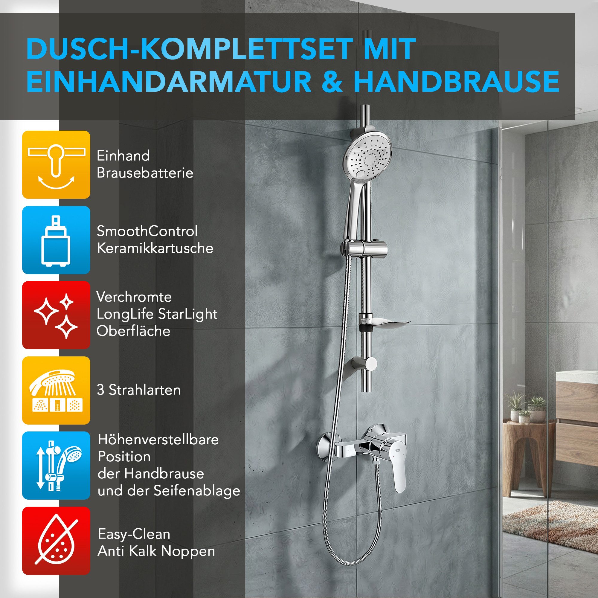 Grohe Duscharmatur BauEdge Mischbatterie Set mit Aloni Handbrause und Regendusche Chrom (Spar-Set) Chrom Duschset mit 1,5m Schlauch & Seifenhalter, ohne Regendusche