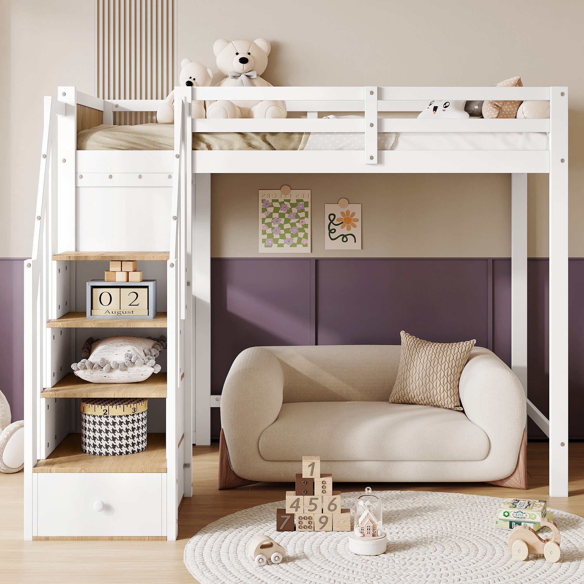 MODFU Etagenbett Kinderbett mit 4-Stufen-Leiterschrank (mit Schreibtisch, 3 Schubladen, integrierter Stauraumtreppe, 90 x 200 cm), ohne Matratze
