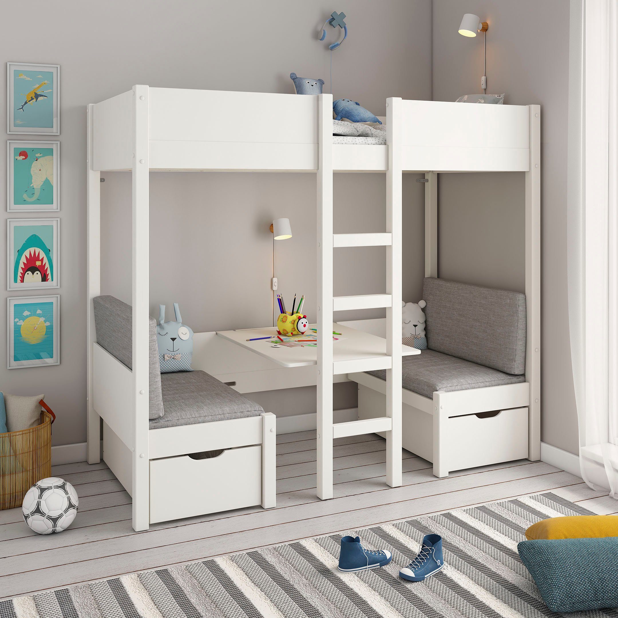 OTTO home Etagenbett Stockbett "TIPO" Inklusive unterer Auflagen, 90x200cm, viel Stauraum, Massivholz,inklusive Tisch,2 Schubkästen,2 Schlafplätze
