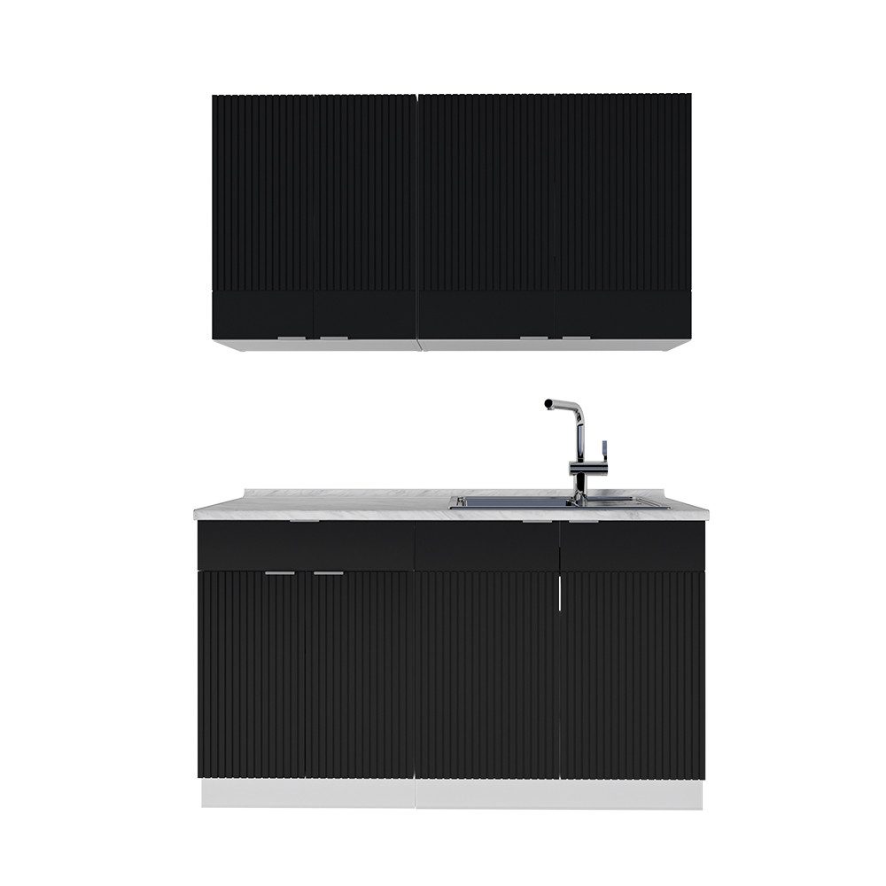 Vicco Küchenzeile Fame-Line, Schwarz gestreift/Weiß/Weiß, 140 cm, AP Marmor