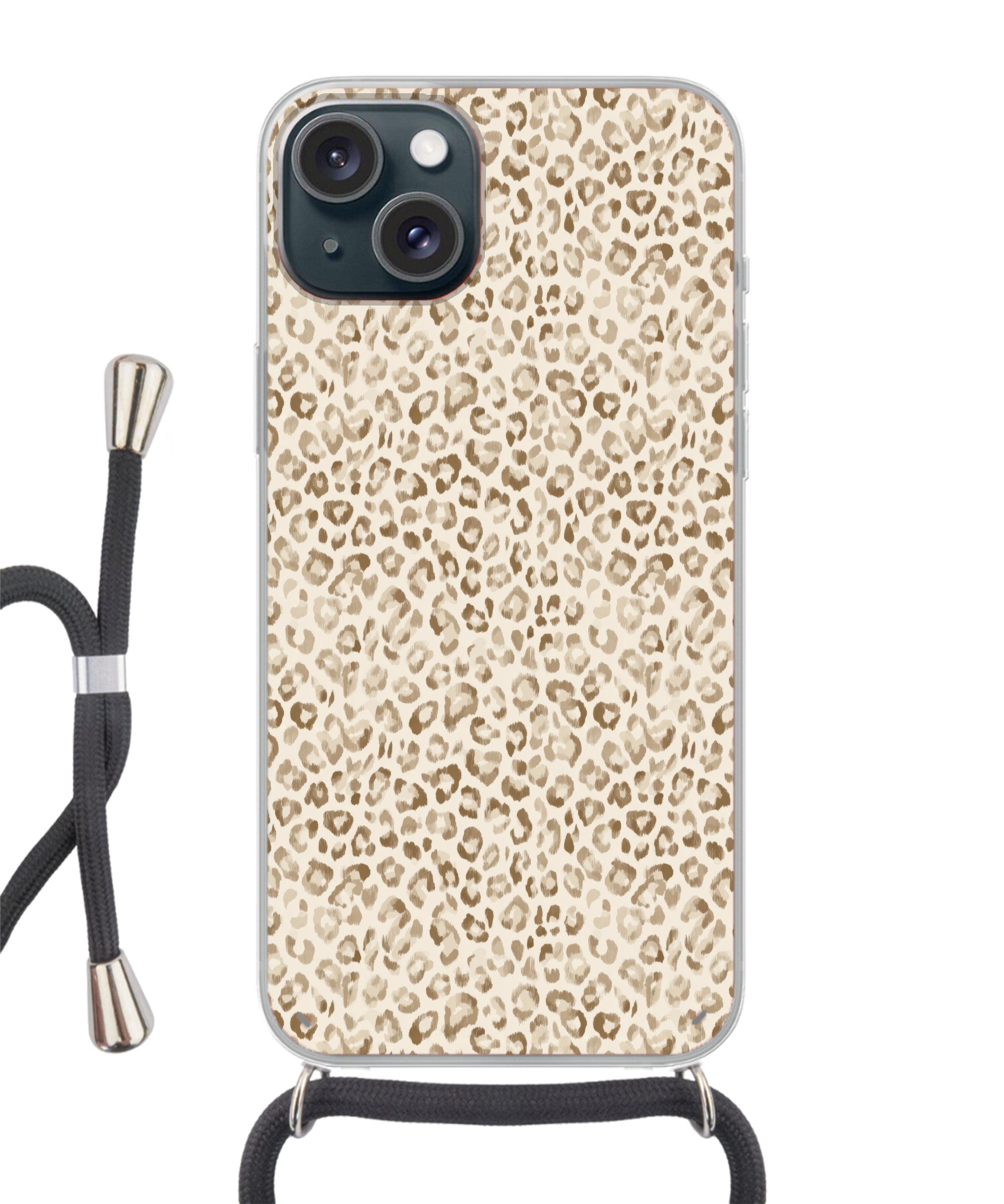 MuchoWow Handyhülle für Apple iPhone 15 Leopard - Klassisch - Beige, Tragbare Handyhüllen mit Kette zum umhängen, Handykette Handyband