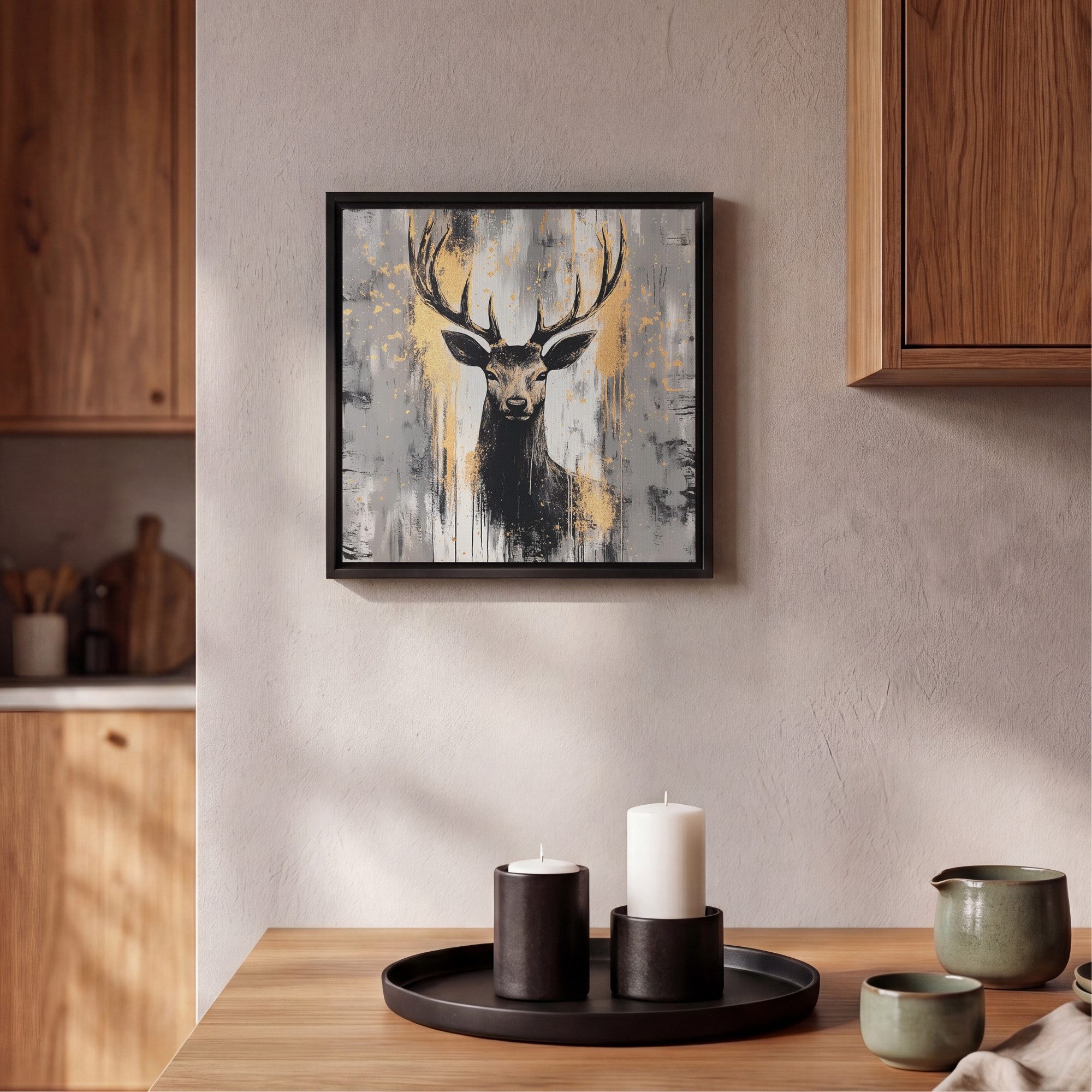 OneMillionCanvasses® Leinwandbild mit Rahmen - Abstrakt - Hirsch - Geweih - Gold, Fotodruck (1 St), Leinwand Bilder Klein, Wand Dekoration Aesthetic 20x20cm – Bild 2 von 5