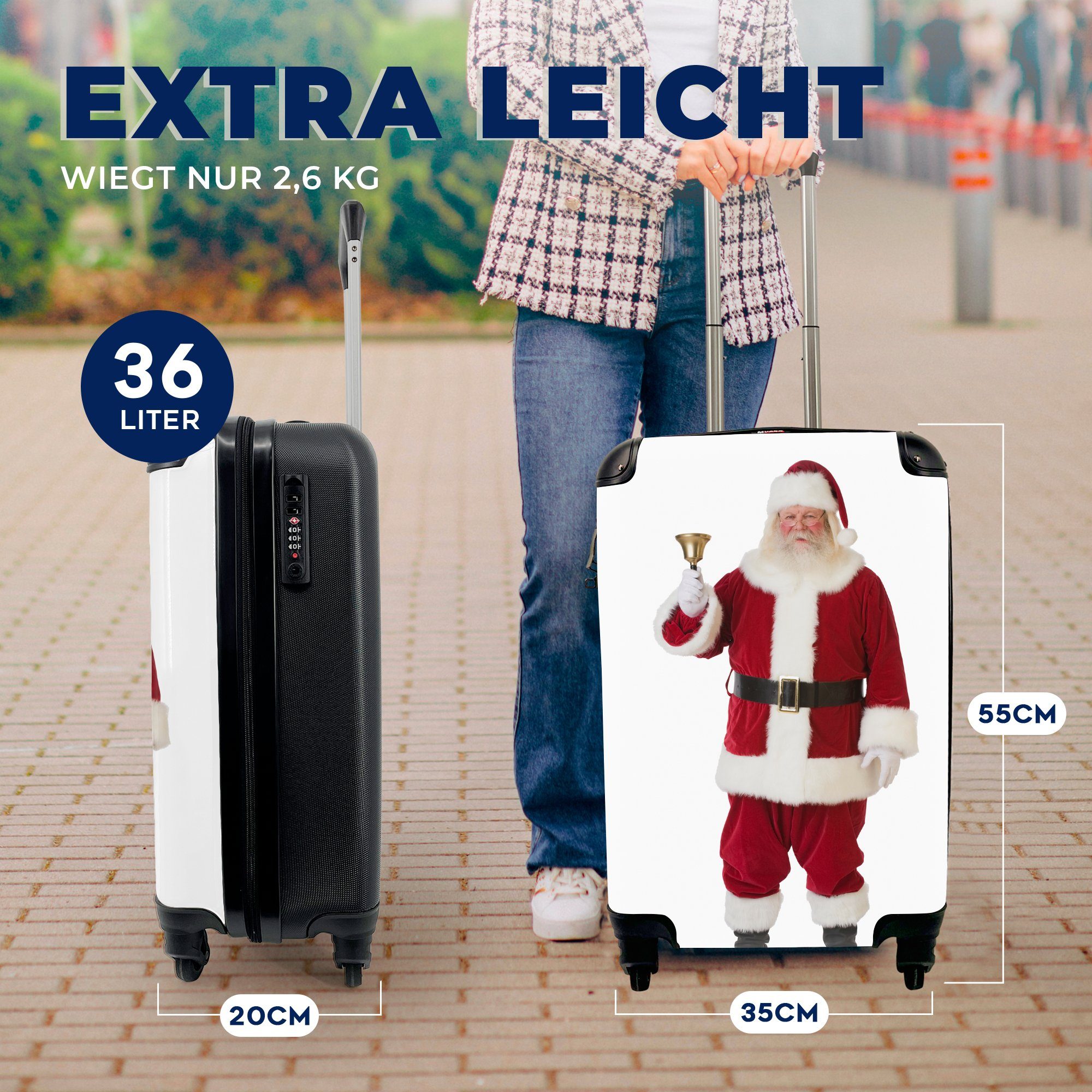 Reisetasche Der läutet Weihnachtsmann 4 auf Rollen, ikonische einem weißen, Reisekoffer Ferien, Glocke rollen, mit seine für Handgepäck MuchoWow Trolley, Handgepäckkoffer