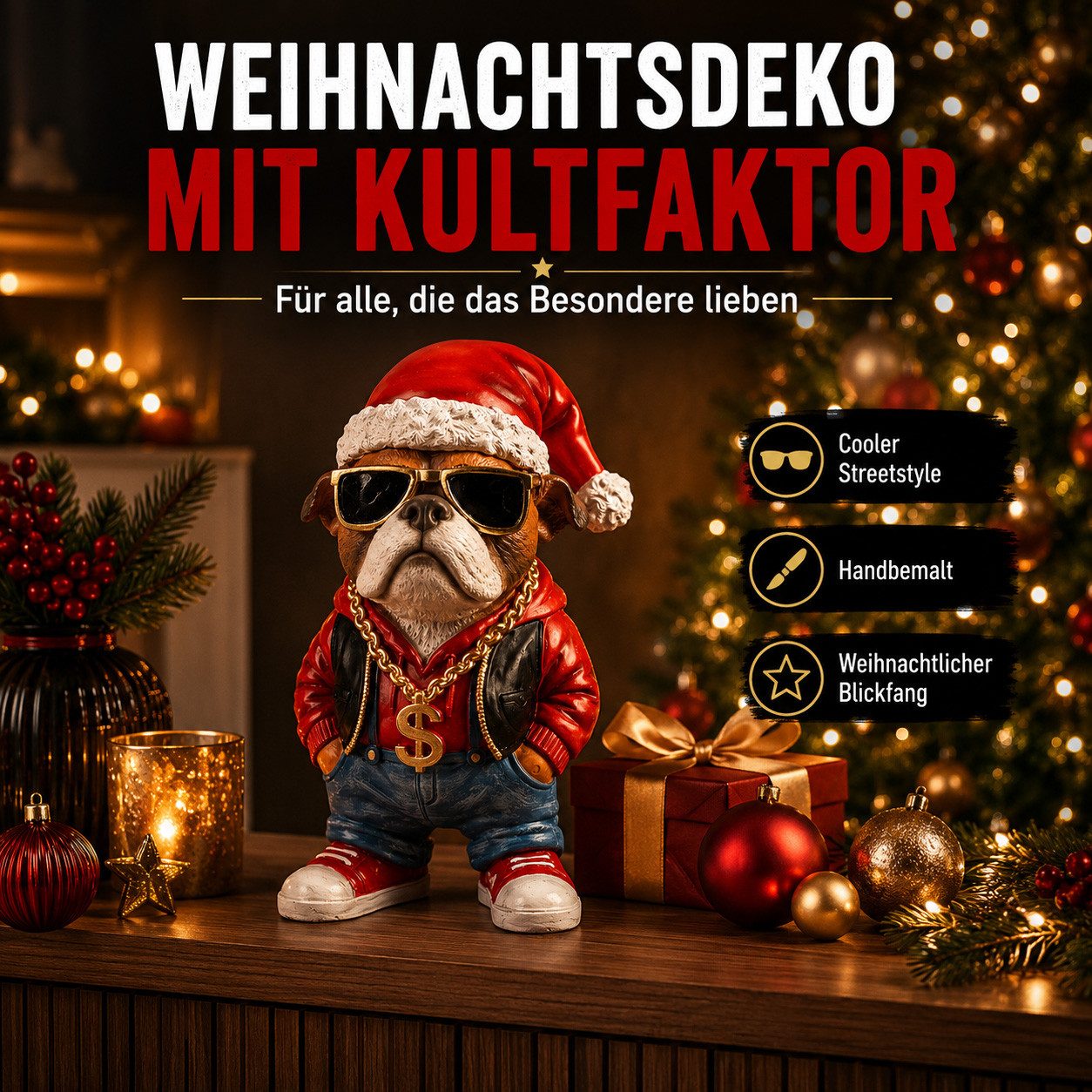 formano Dekofigur Bulldogge mit Weihnachtsmütze & Sonnenbrille 29 cm