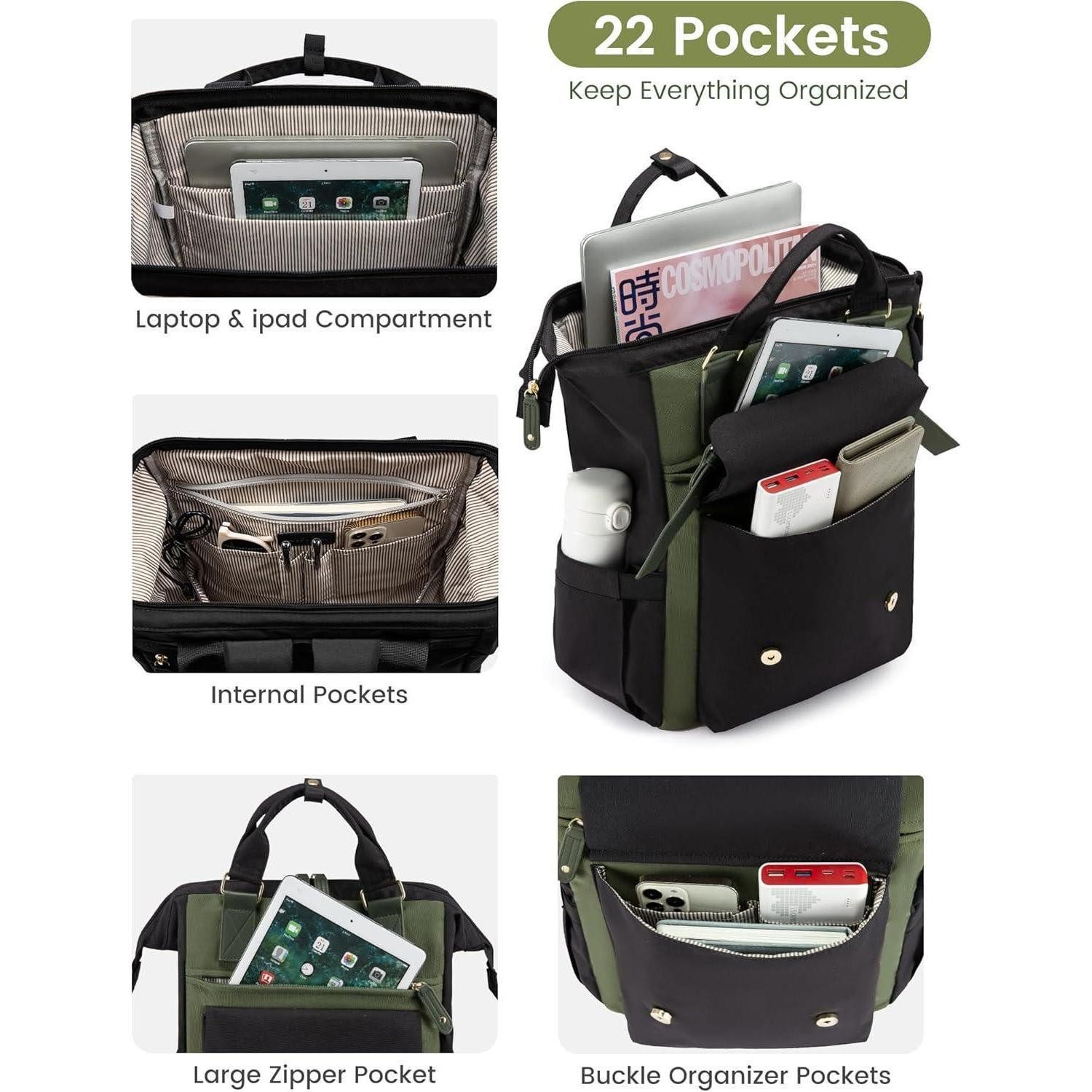 LuxusKollektion Laptoprucksack Rucksack Damen Laptop 15,6 Zoll 15,6 Zoll Armeegrün + Dunkelgrün