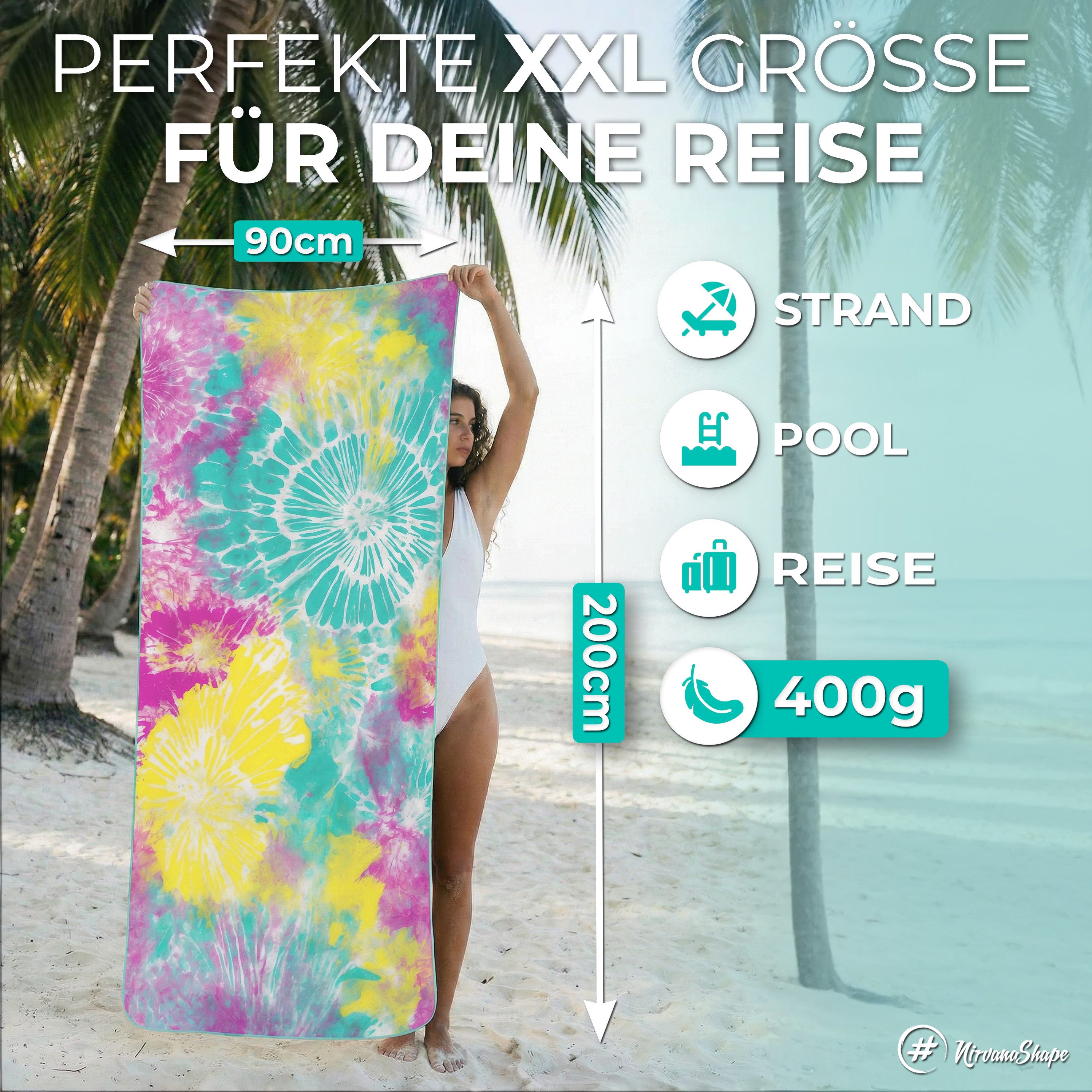 NirvanaShape Strandtuch Reise Handtuch Strandtuch XXL - Strandhandtuch, Mikrofaser Badetuch – Bild 2 von 5