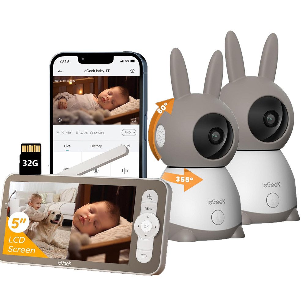 Video-Babyphone Babyphone mit Kamera 2K/3MP 5 Zoll WiFi Video Babyphone mit 32GB Karte