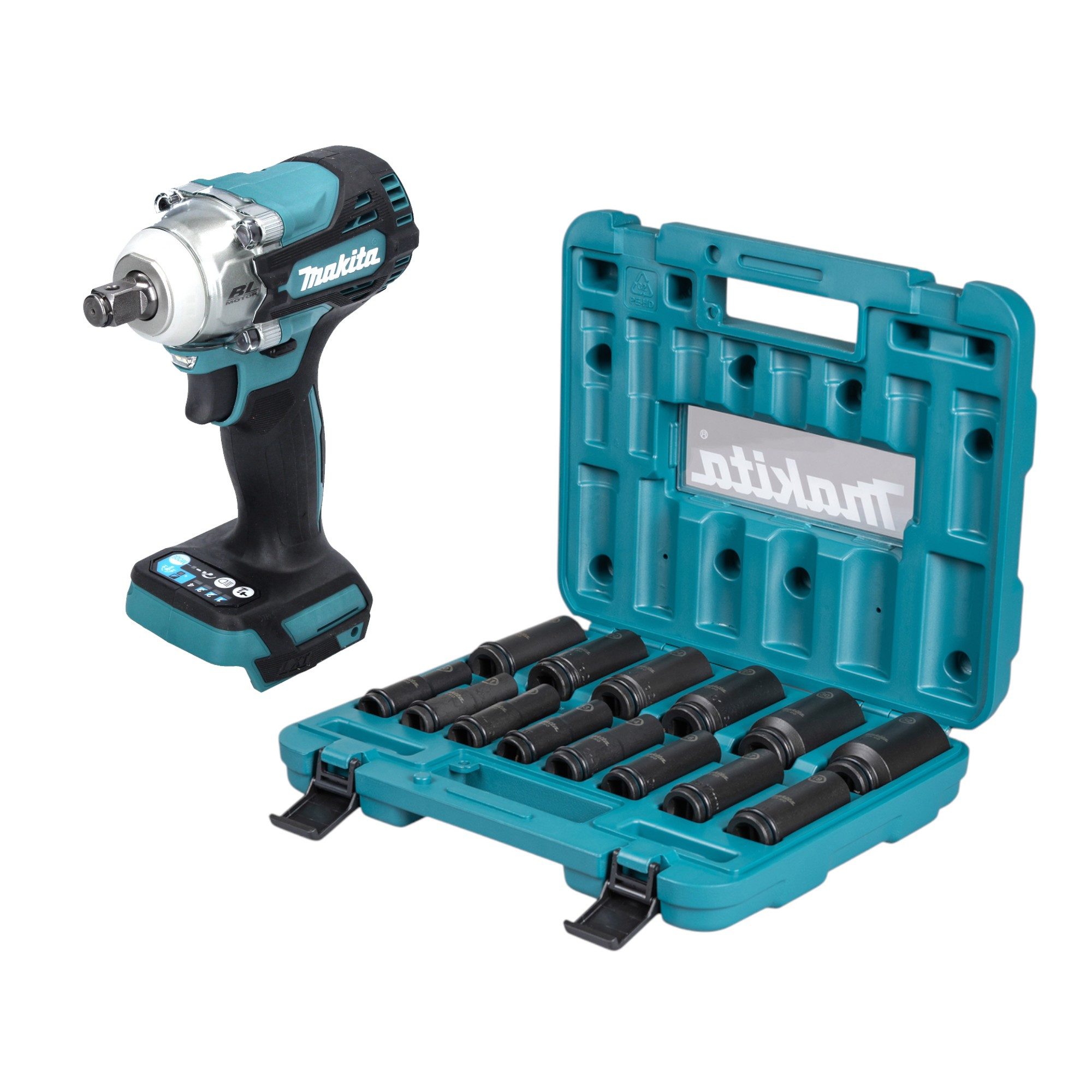 Makita Akku-Schlagschrauber DTW 300 Z 18 V 330 Nm 1/2" Brushless + Steckschlüssel Set 14 tlg